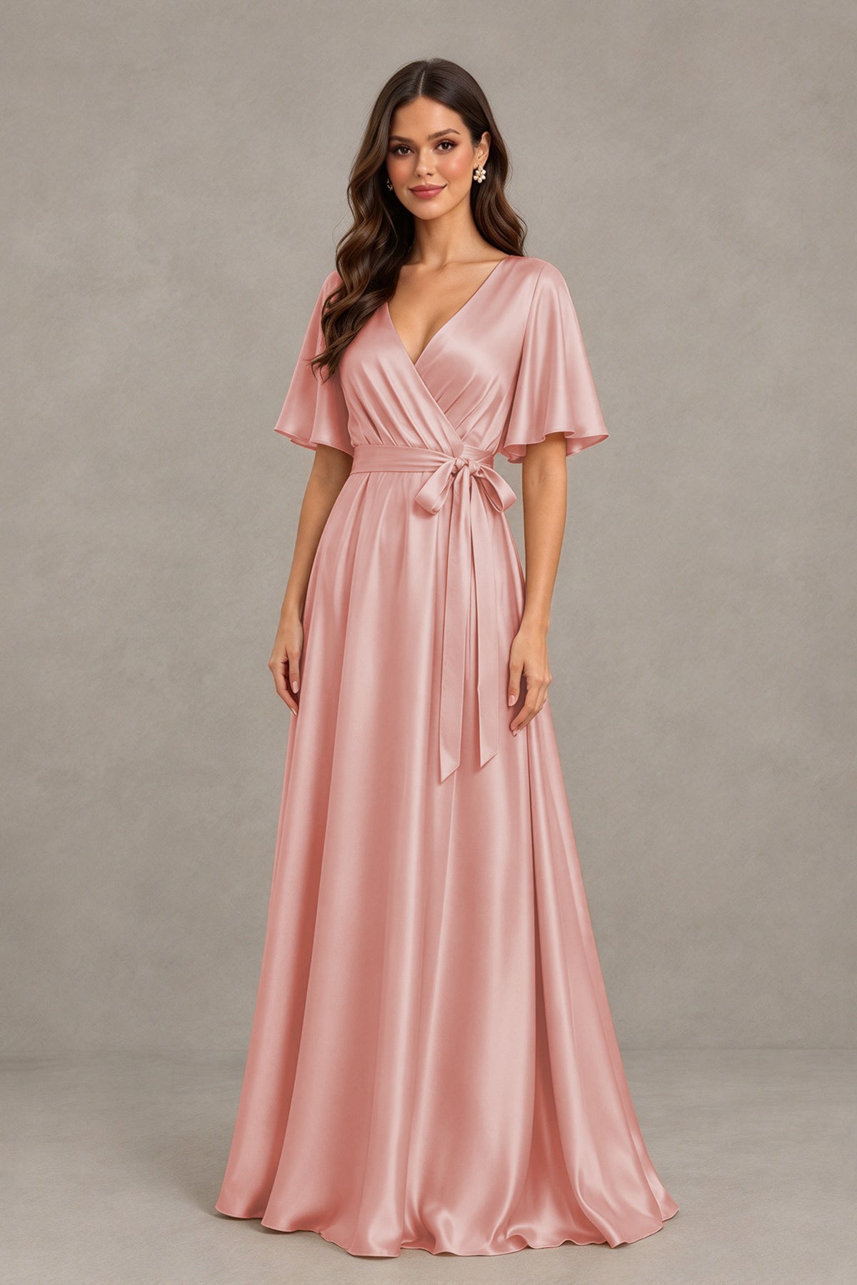 BOLODOO Dusty Rose Satin V-Neck Flutter Sleeve Bridesmaid Dress with Slit - Dusty Rose - Dusty Rose(3)