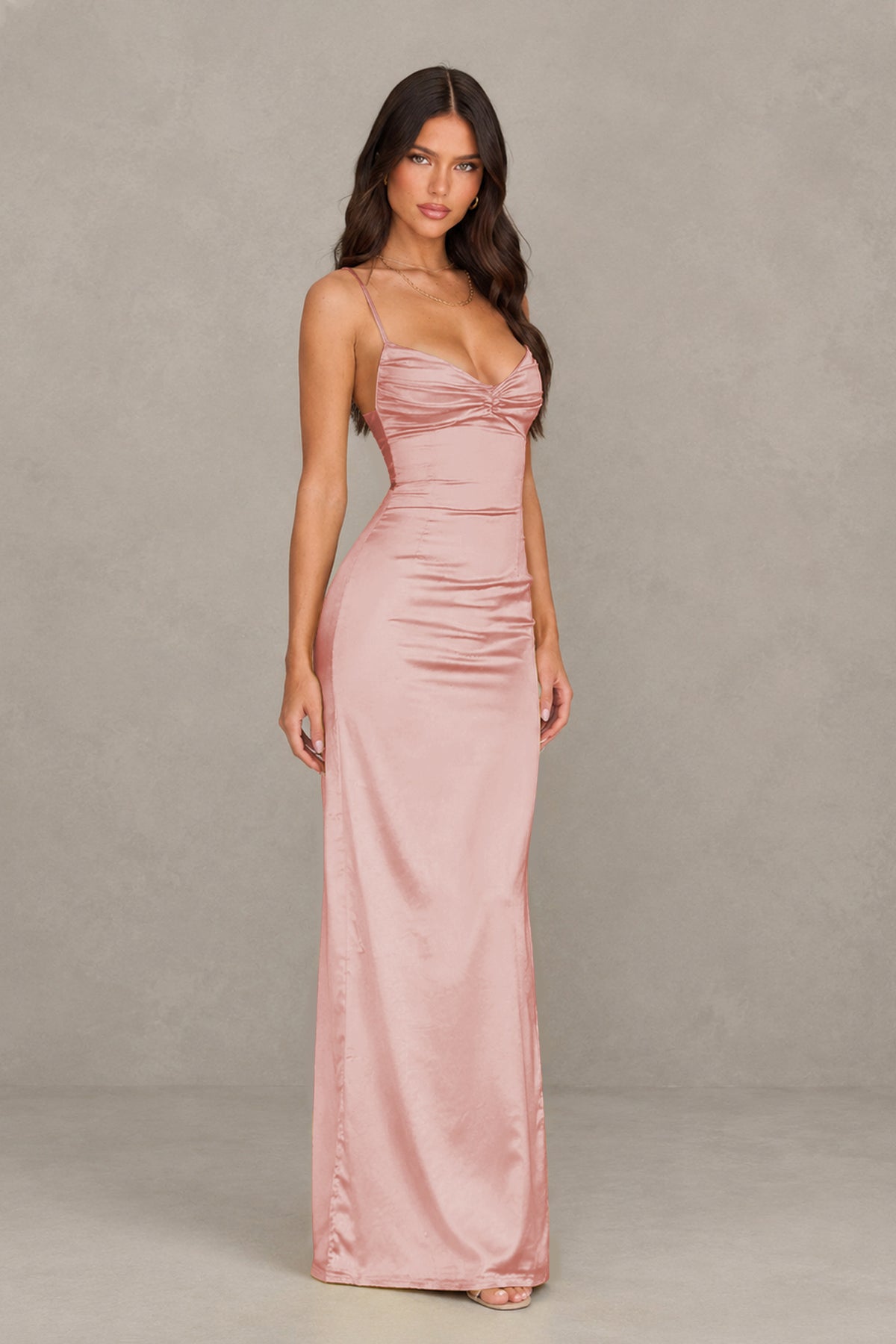 BOLODOO Dusty Rose Satin Cowl Neck Open Back Mermaid Maxi Dress with Side Slit - Dusty Rose