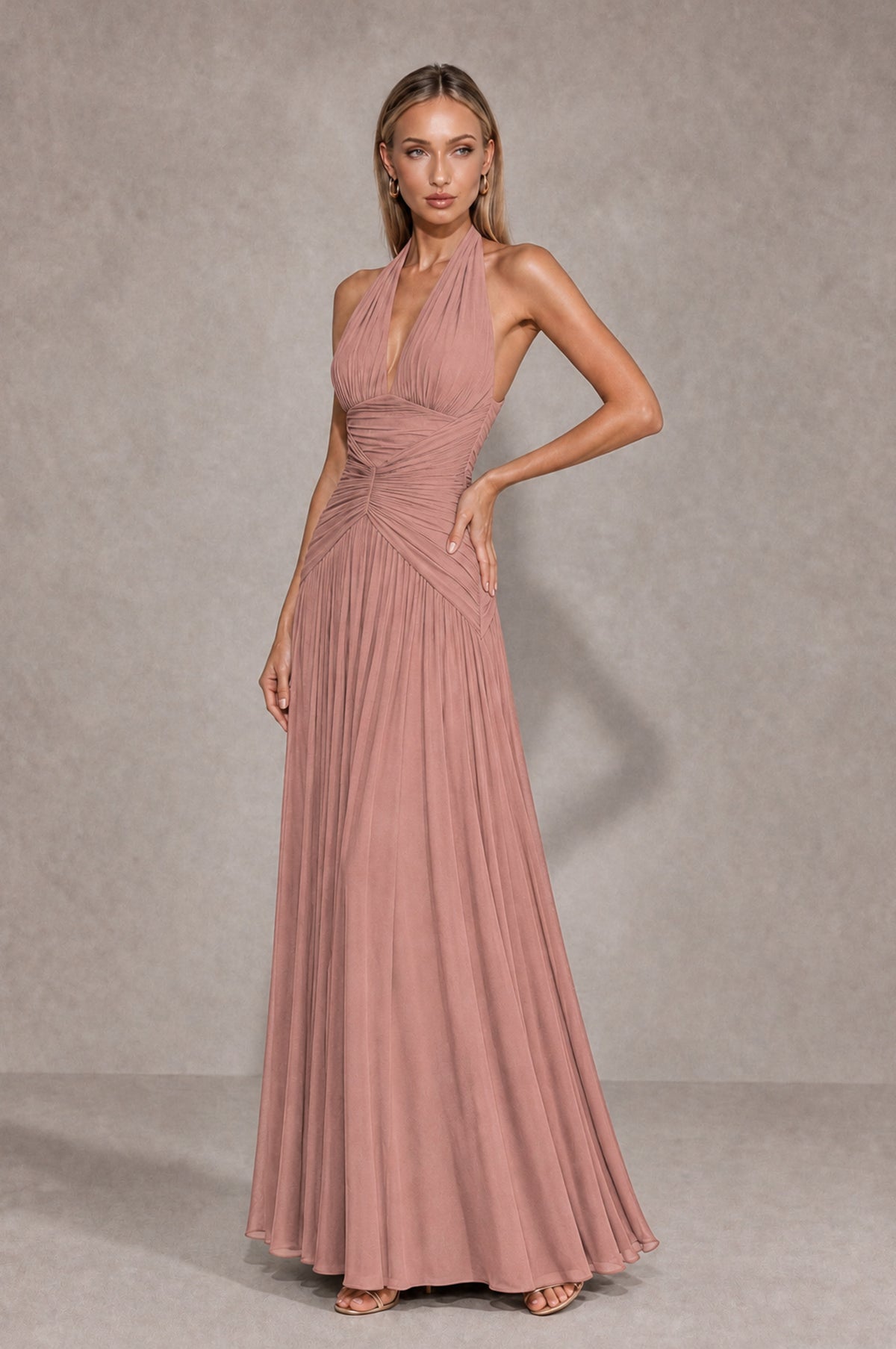 BOLODOO Dusty Rose Chiffon Halter Deep V-Neck Ruched A-Line Backless Maxi Dress with Train-BD0167 - Dusty Rose - Dusty Rose_3