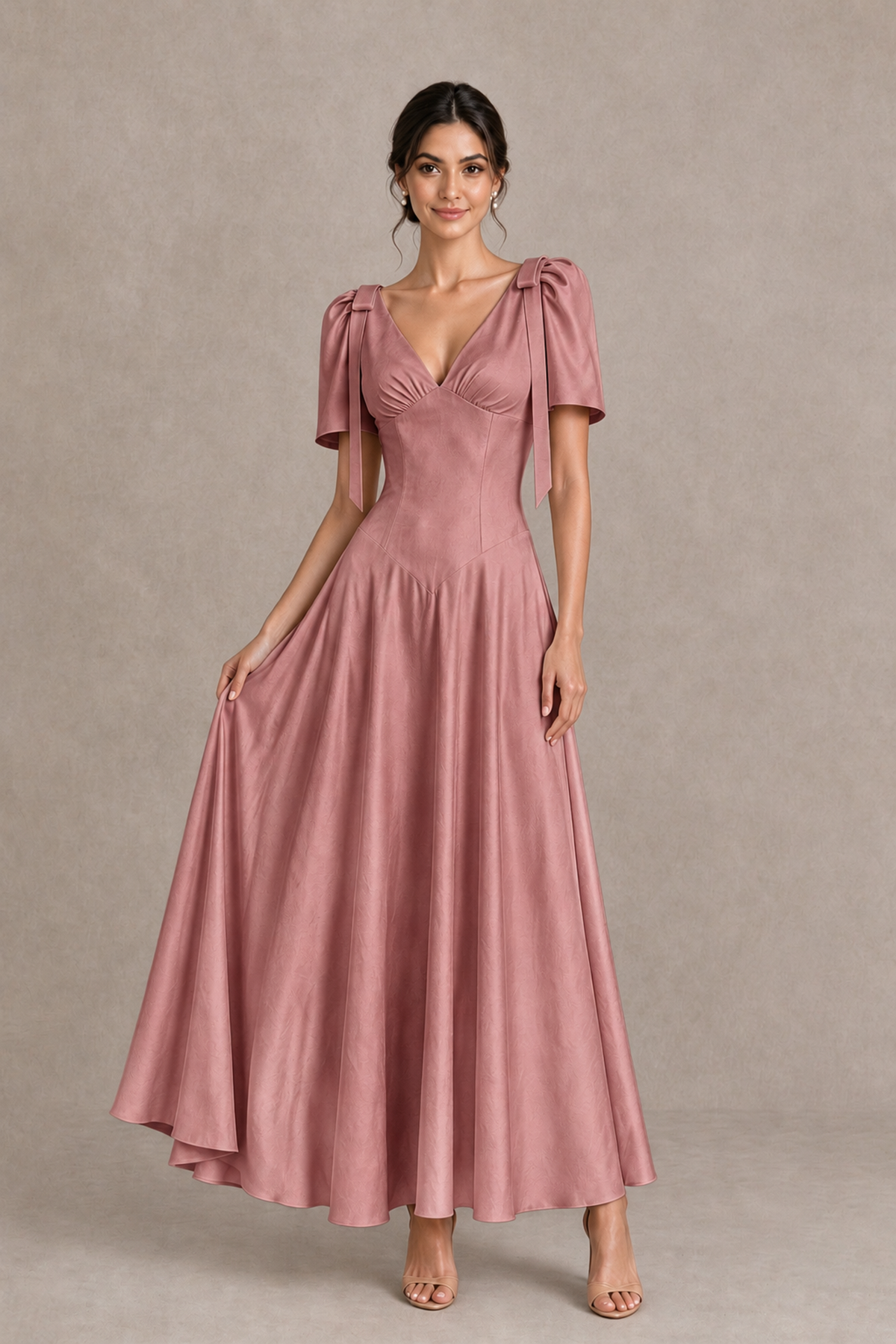 BOLODOO Dusty Rose V-Neck Short Sleeve Satin-Look Bridesmaid Dress with Shoulder Bows - Dusty Rose - Dusty Rose_3
