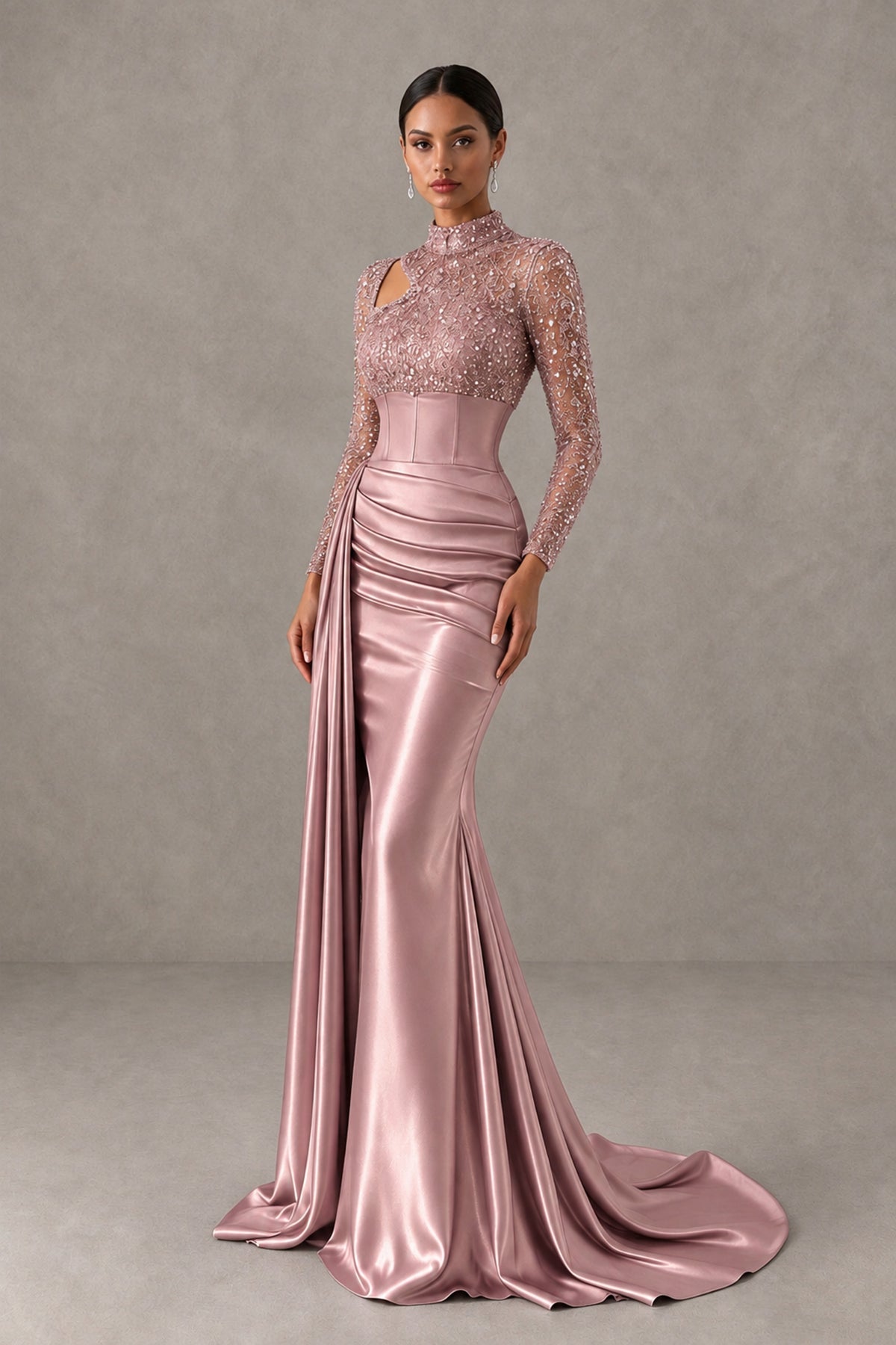 BOLODOO Dusty Rose Long Sleeve Embellished Satin Mermaid Evening Gown - Dusty Rose - Dusty Rose_3