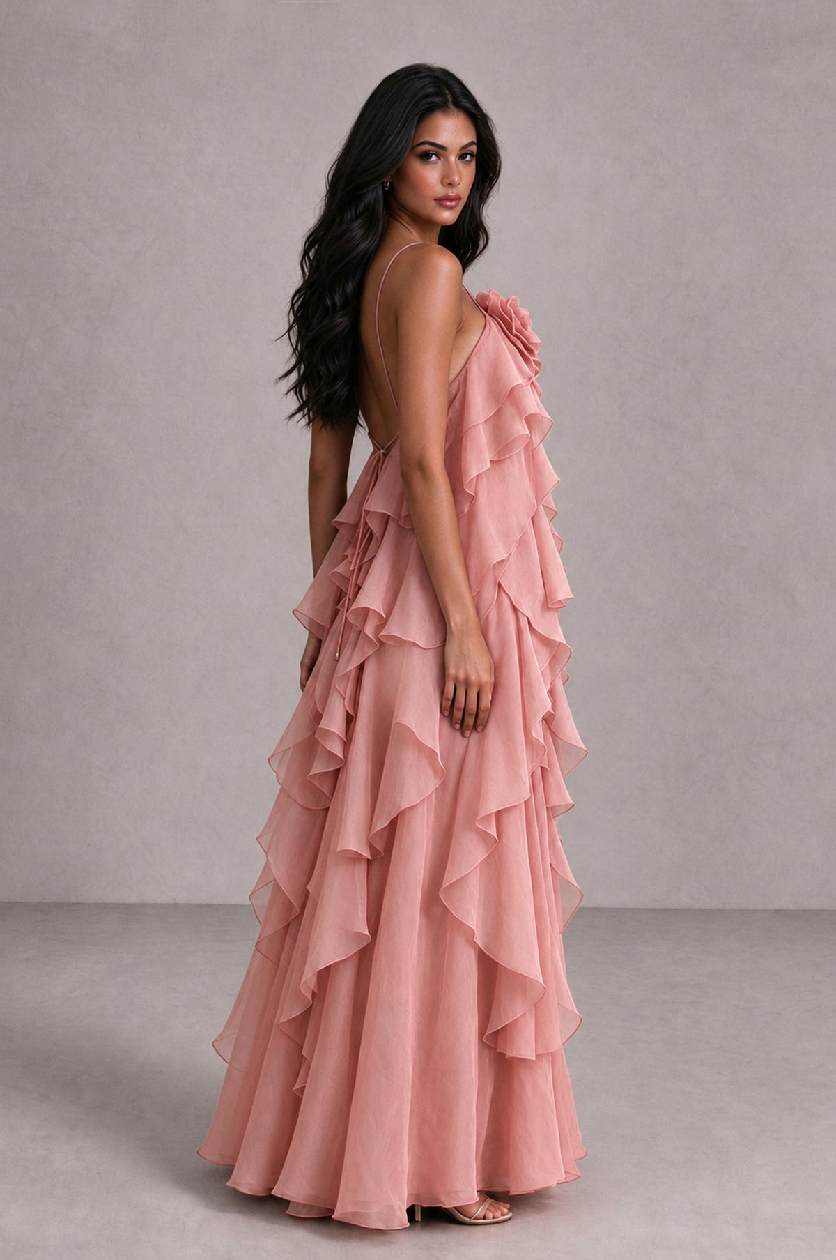 BOLODOO Dusty Rose Cascading Ruffle Rosette Open-Back Maxi Dress - Dusty Rose - Dusty Rose_3