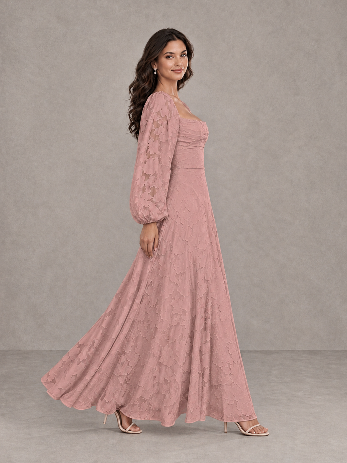 BOLODOO Dusty Rose Floral Long Sleeve A-Line Bridesmaid Dress - Dusty Rose - Dusty Rose_3