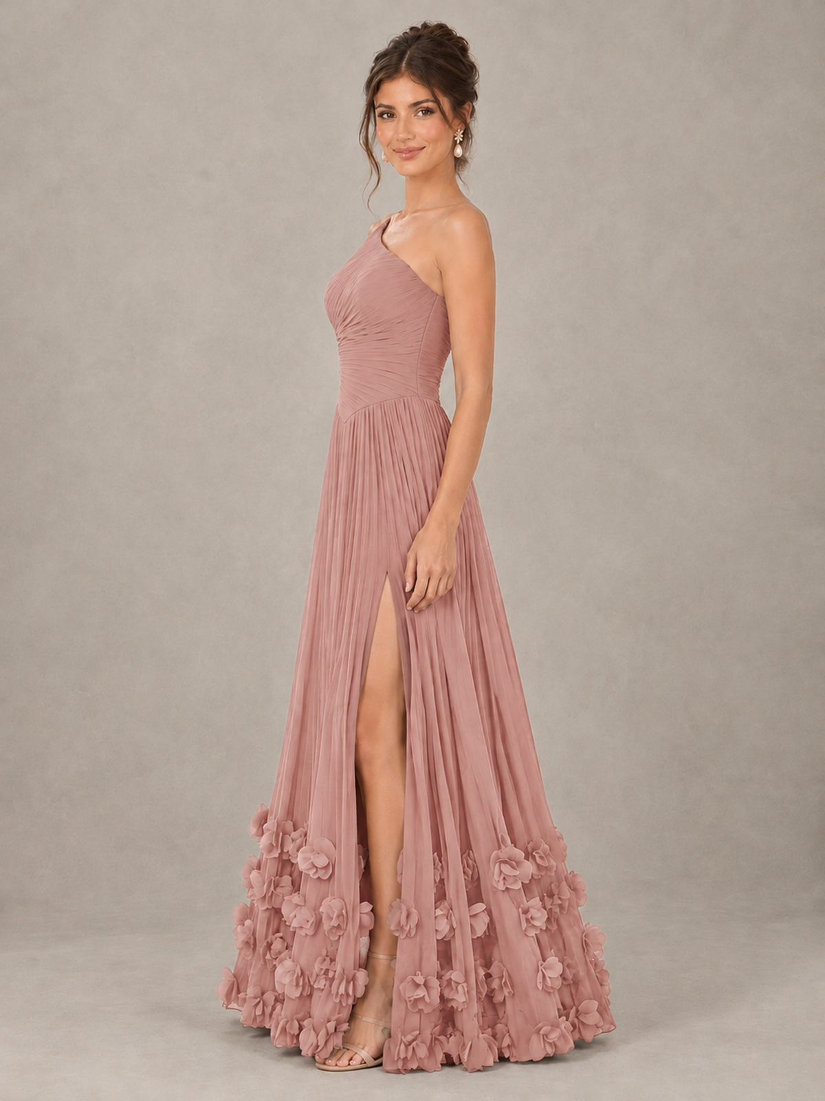 BOLODOO Dusty Rose One-Shoulder Pleated Bridesmaid Dress with 3D Floral Hem - Dusty Rose - Dusty Rose_3