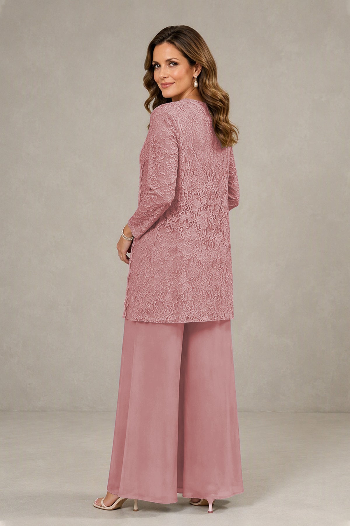 BOLODOO Dusty Rose 3-Piece Lace Chiffon Pantsuit – Mother of the Bride Wedding Guest with Jacket - Dusty Rose