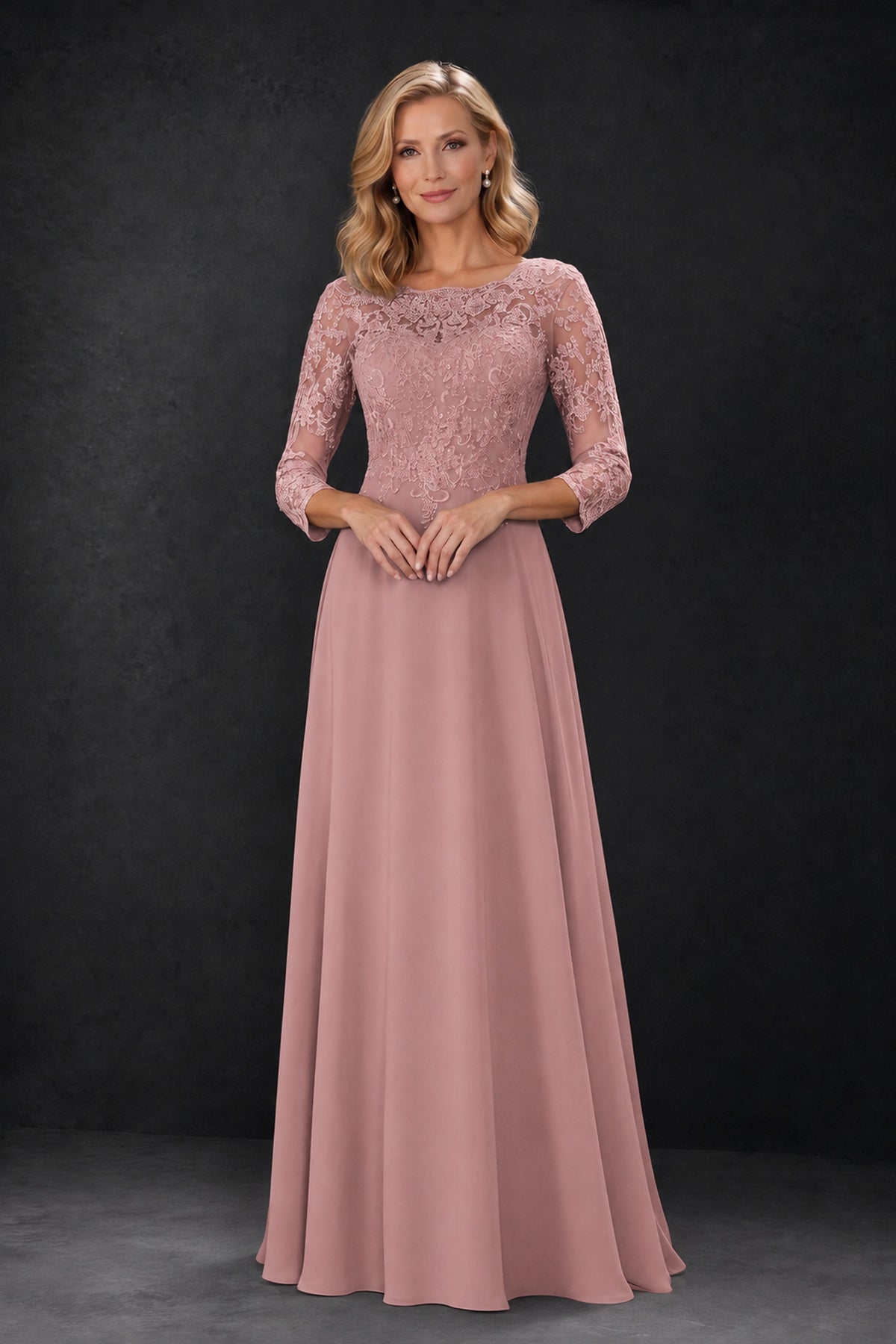 BOLODOO Dusty Rose Lace Embroidered Mother of the Bride Dress with 3/4 Sleeves - Dusty Rose