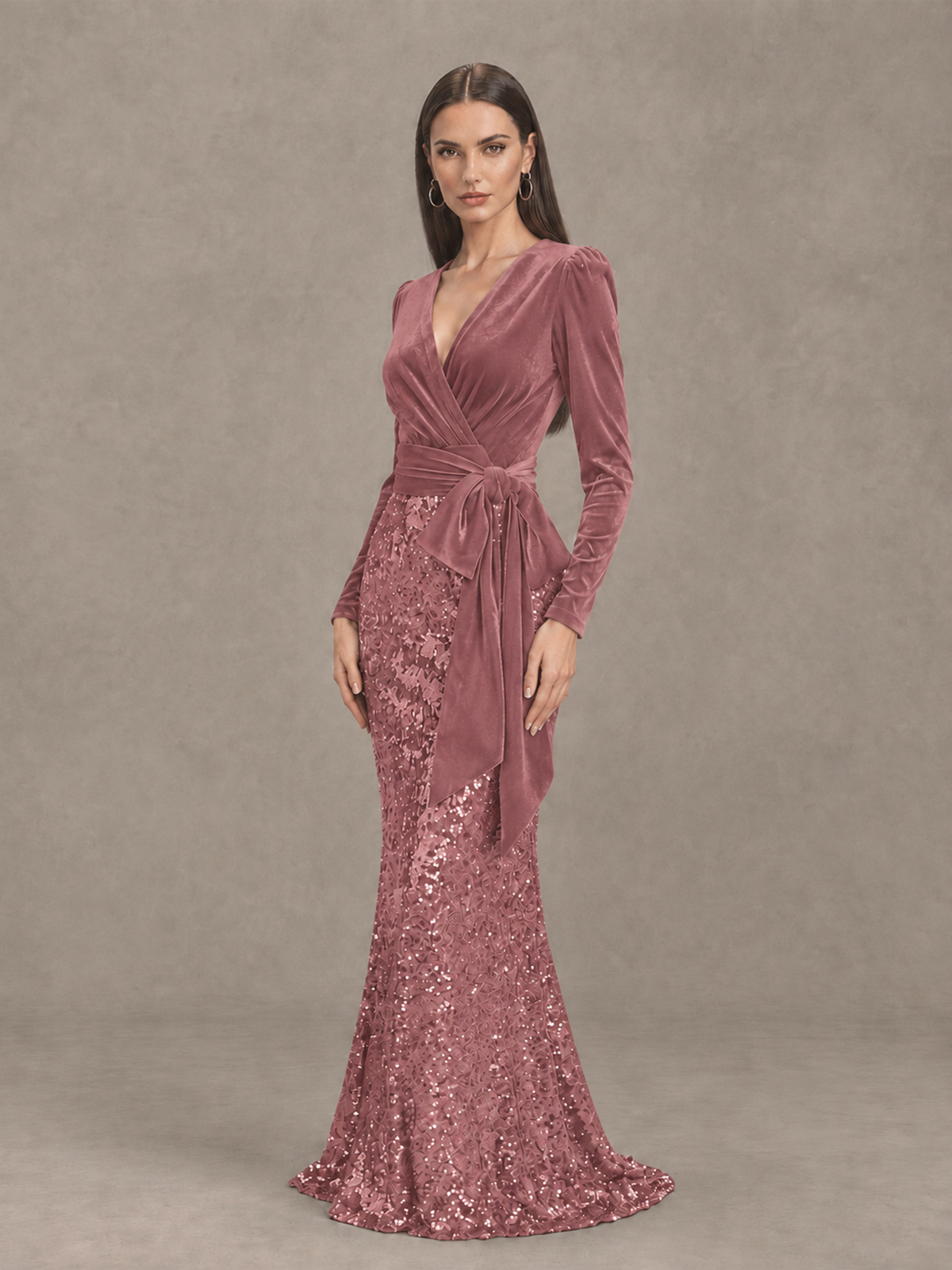 BOLODOO Dusty Rose Velvet & Sequin Long Sleeve V-Neck Mermaid Evening Gown - Dusty Rose - Dusty Rose_3