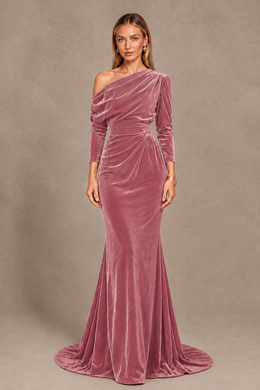 BOLODOO Dusty Rose Velvet Asymmetric Neck Mermaid Evening Dress - Dusty Rose - Dusty Rose_3
