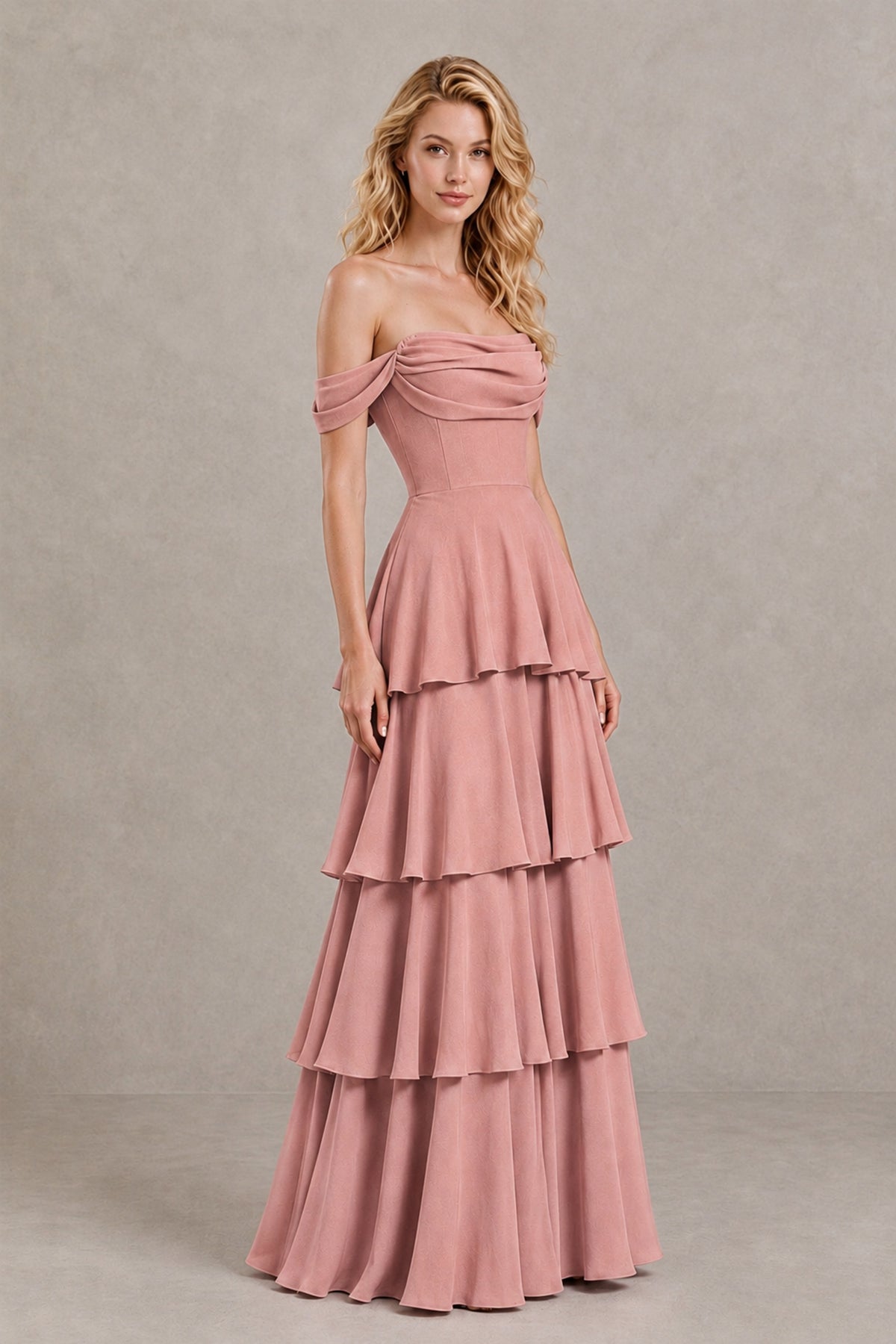 BOLODOO Dusty Rose Off-the-Shoulder Tiered A-Line Evening Bridesmaid Dress - Dusty Rose - Dusty Rose_3