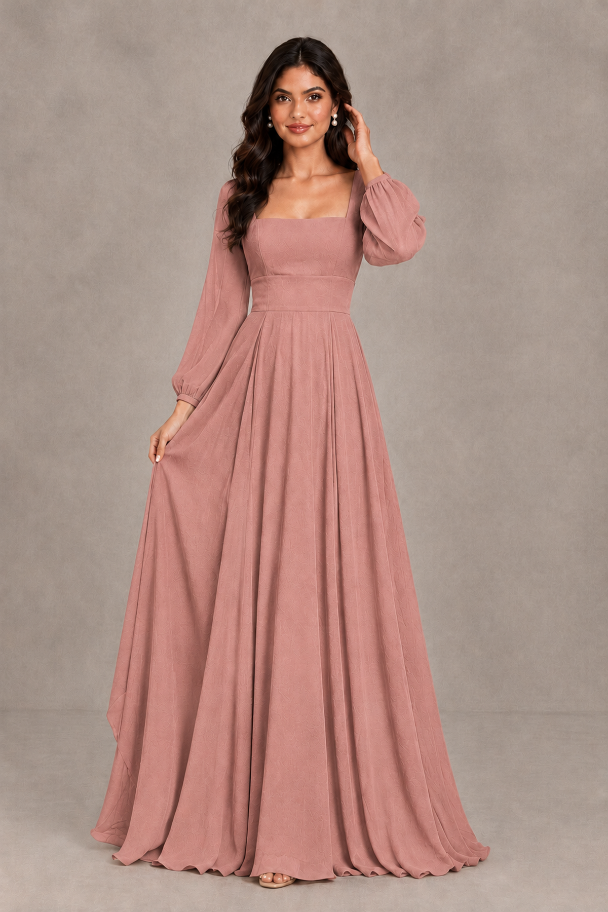 BOLODOO Dusty Rose Square Neck Long Sleeve A-Line Bridesmaid Dress - Dusty Rose - Dusty Rose_3