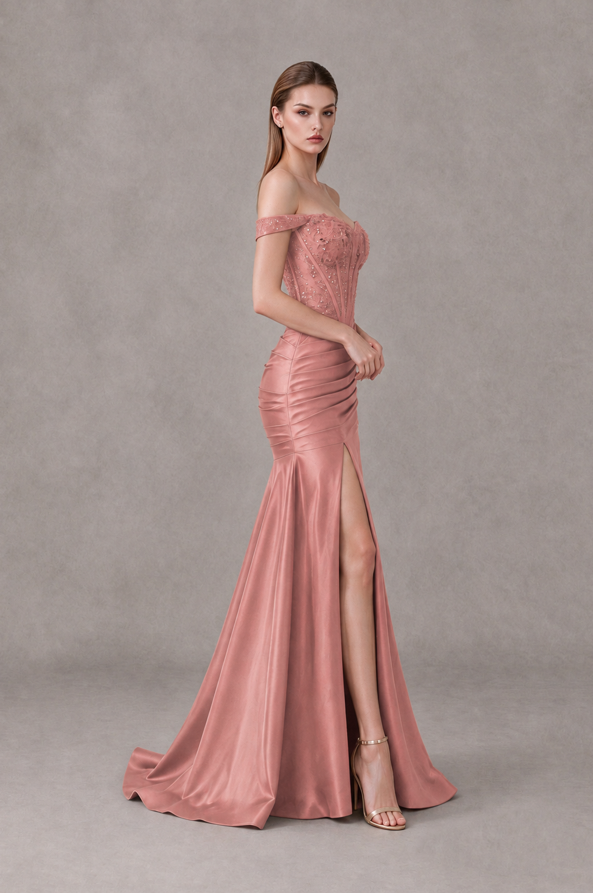 BOLODOO Dusty Rose Off-Shoulder Corset Mermaid Prom Dress with Slit Sequin Lace Evening Gown - Dusty Rose - Dusty Rose_3