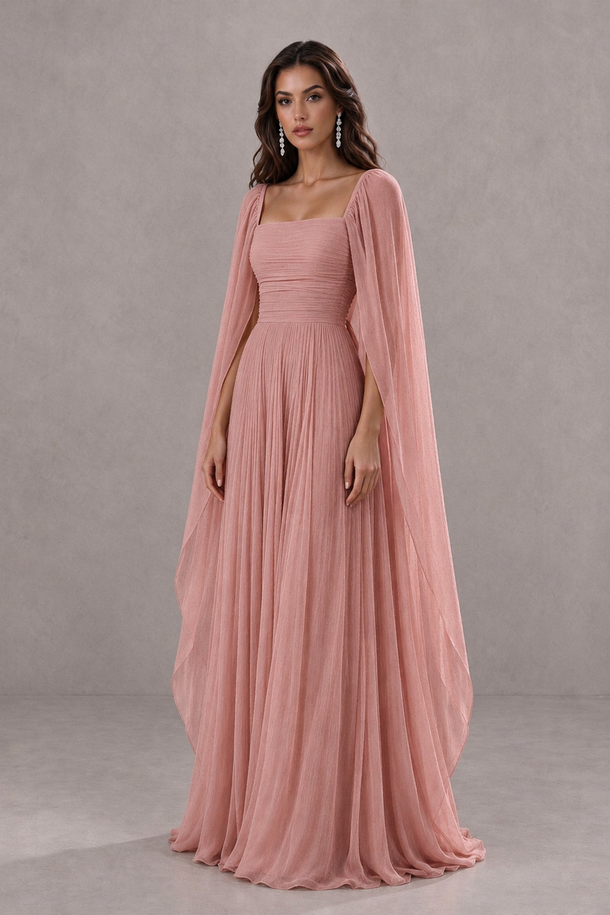 BOLODOO Dusty Rose Square Neck Cape Sleeve A-Line Evening Dress - Dusty Rose - Dusty_Rose_3