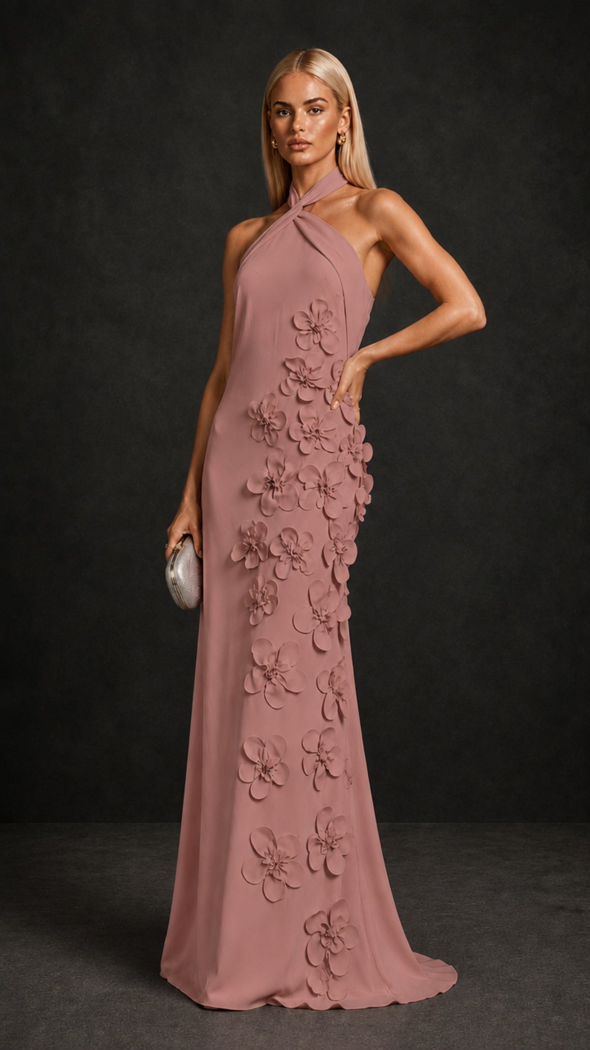 BOLODOO Dusty Rose Cross Halter Neck 3D Floral Appliqué Backless Mermaid Maxi Gown - Dusty Rose