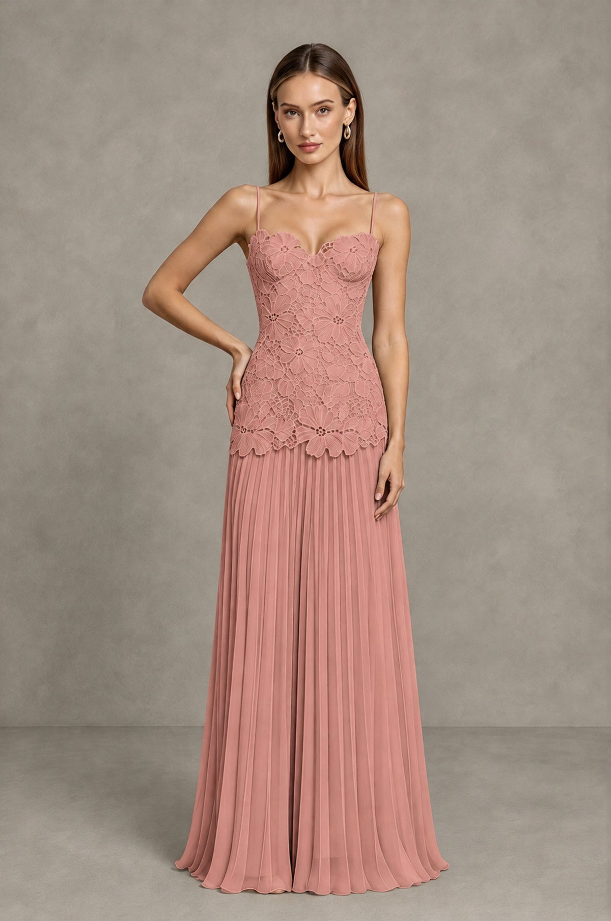 BOLODOO Dusty Rose Lace Bodice Pleated Wedding Guest Dress - Dusty Rose - Dusty Rose_3