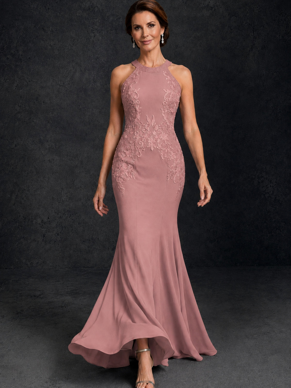 BOLODOO Dusty Rose Lace Applique Halter Neck Sheer Back Mermaid Maxi Dress with Sweep Train - Dusty Rose