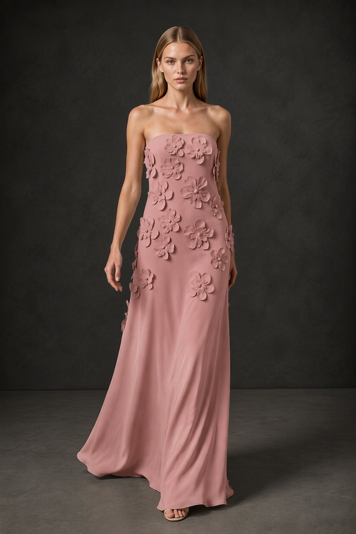 BOLODOO Dusty Rose Strapless 3D Floral Appliqué Crepe Mermaid Maxi Gown - Dusty Rose