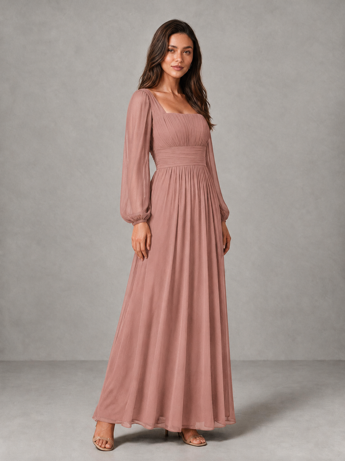 BOLODOO Dusty Rose Square Neck Long Sleeve Chiffon Bridesmaid Dress - Dusty Rose - Dusty Rose_3