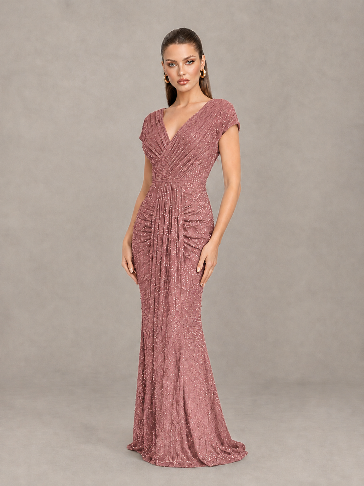 BOLODOO Dusty Rose Glitter V-Neck Cap Sleeve Ruched Mermaid Evening Gown - Dusty Rose - Dusty Rose_3