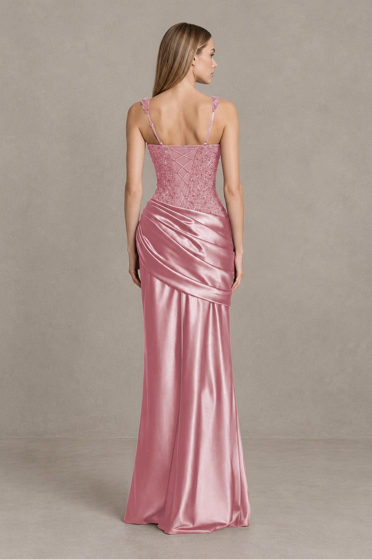 BOLODOO Dusty Rose Square Neck Embellished Satin Evening Gown - Dusty Rose