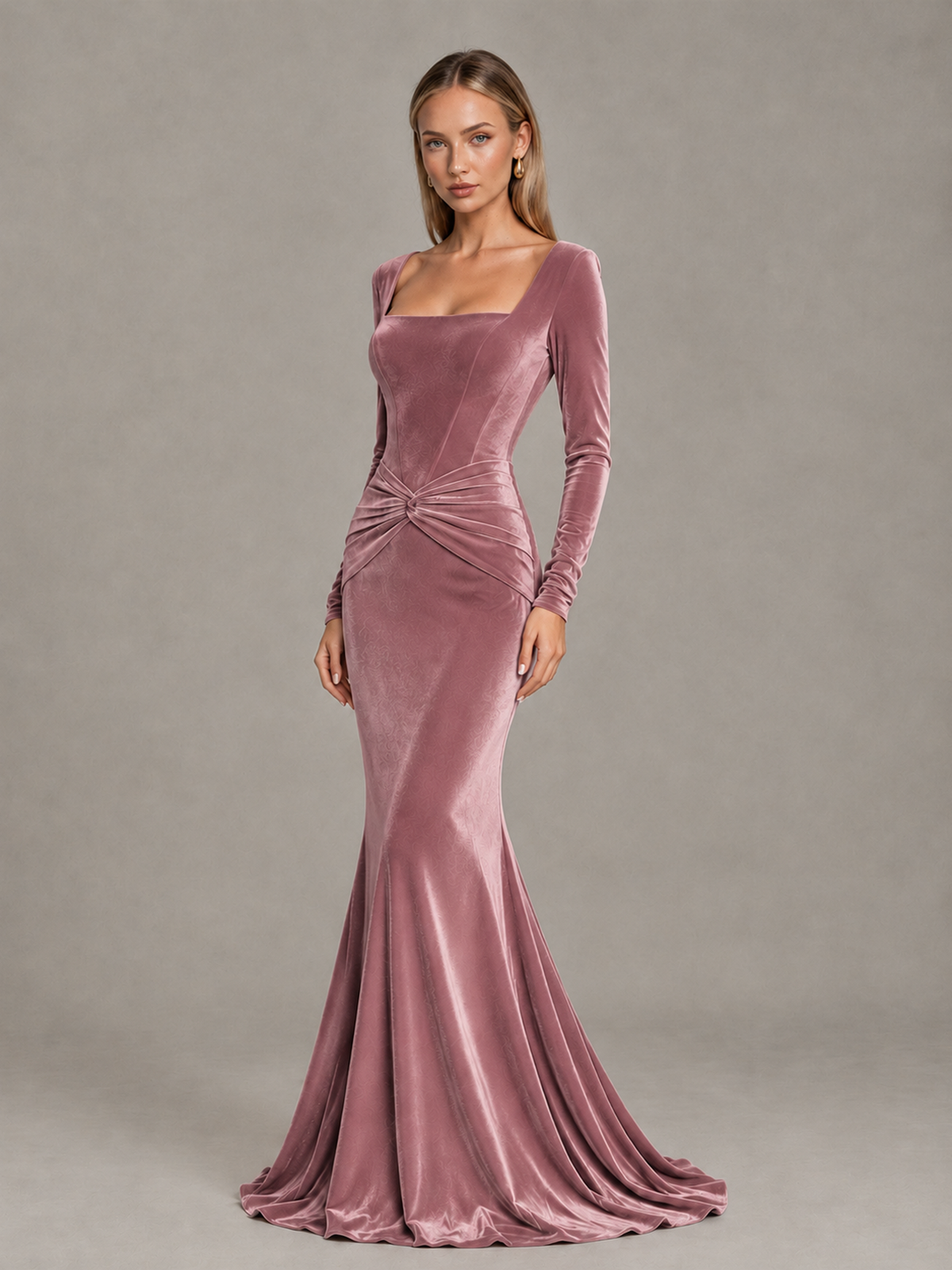 BOLODOO Dusty Rose Velvet-Look Square Neck Long Sleeve Mermaid Evening Dress - Dusty Rose - Dusty Rose_3