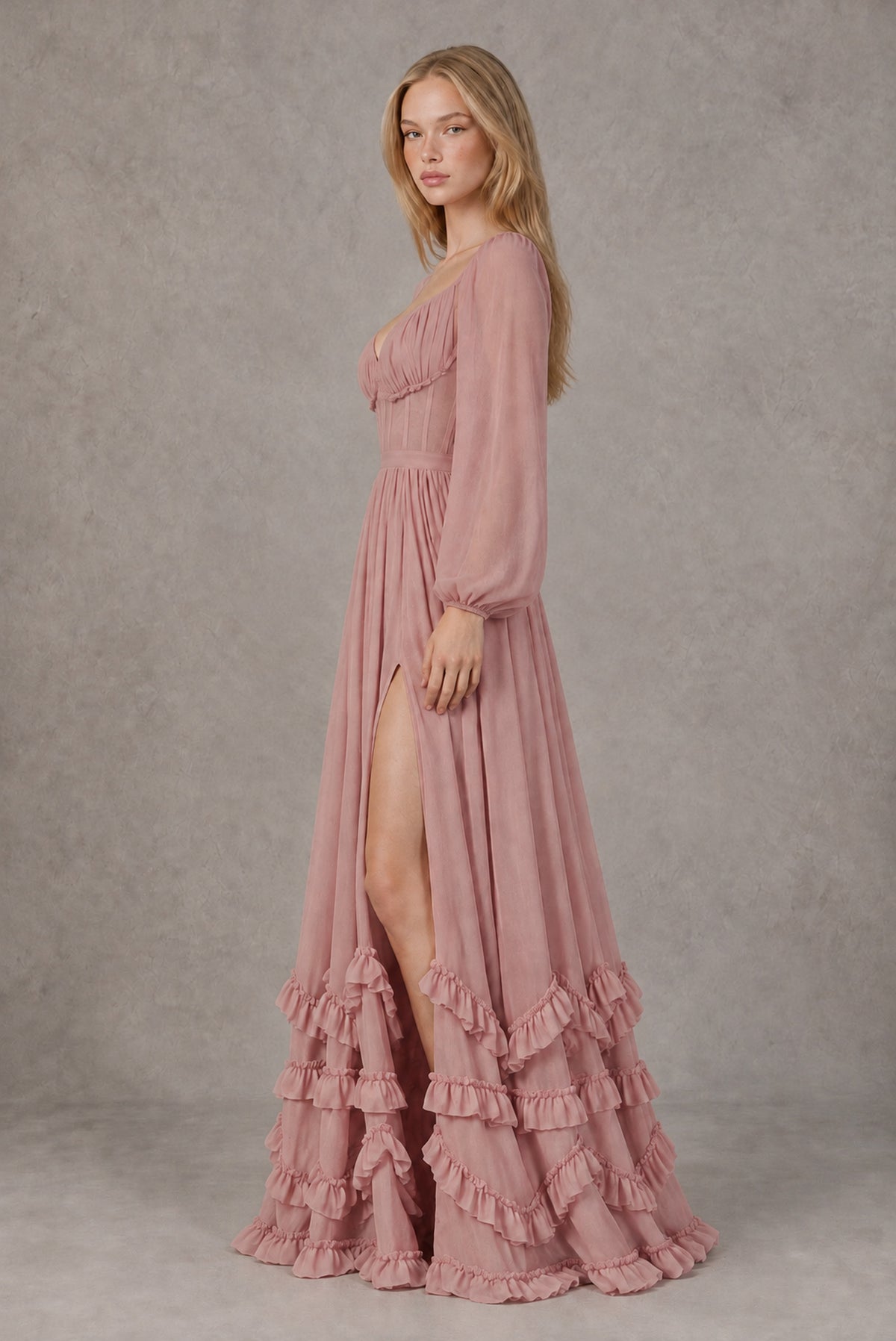 Dusty Rose Long-Sleeve Ruffle Maxi Dress with Lace-Up Back and Slit - Dusty Rose
