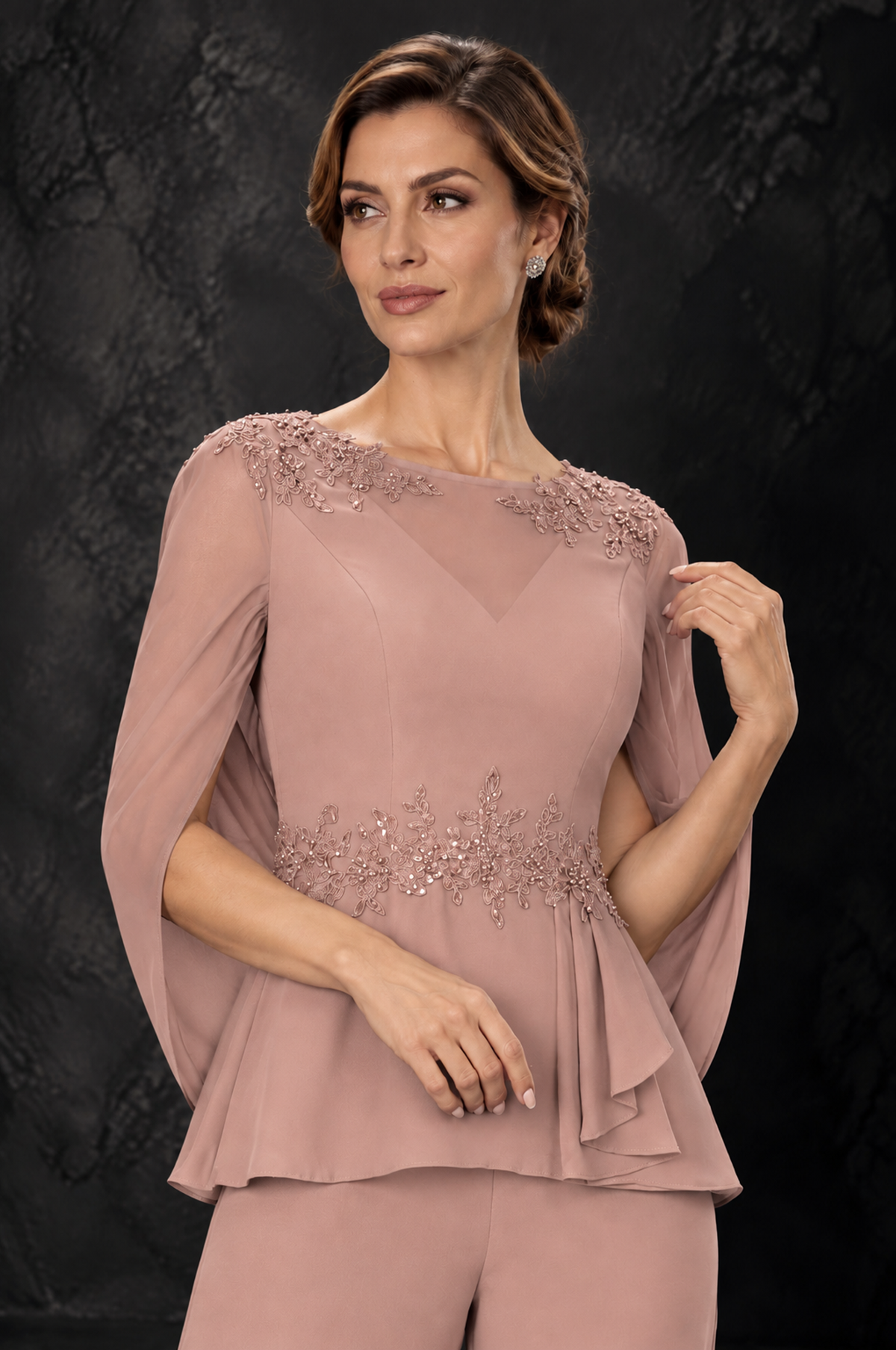 BOLODOO Dusty Rose Embellished Cape Sleeve Mother of the Bride Pantsuit - Dusty Rose - Dusty_Rose_3