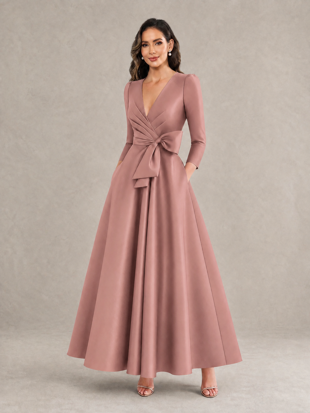 BOLODOO Dusty Rose Satin Deep V-Neck Wrap 3/4 Puff Sleeve A-Line Ball Gown Maxi Dress with Oversized Bow Belt - Dusty Rose