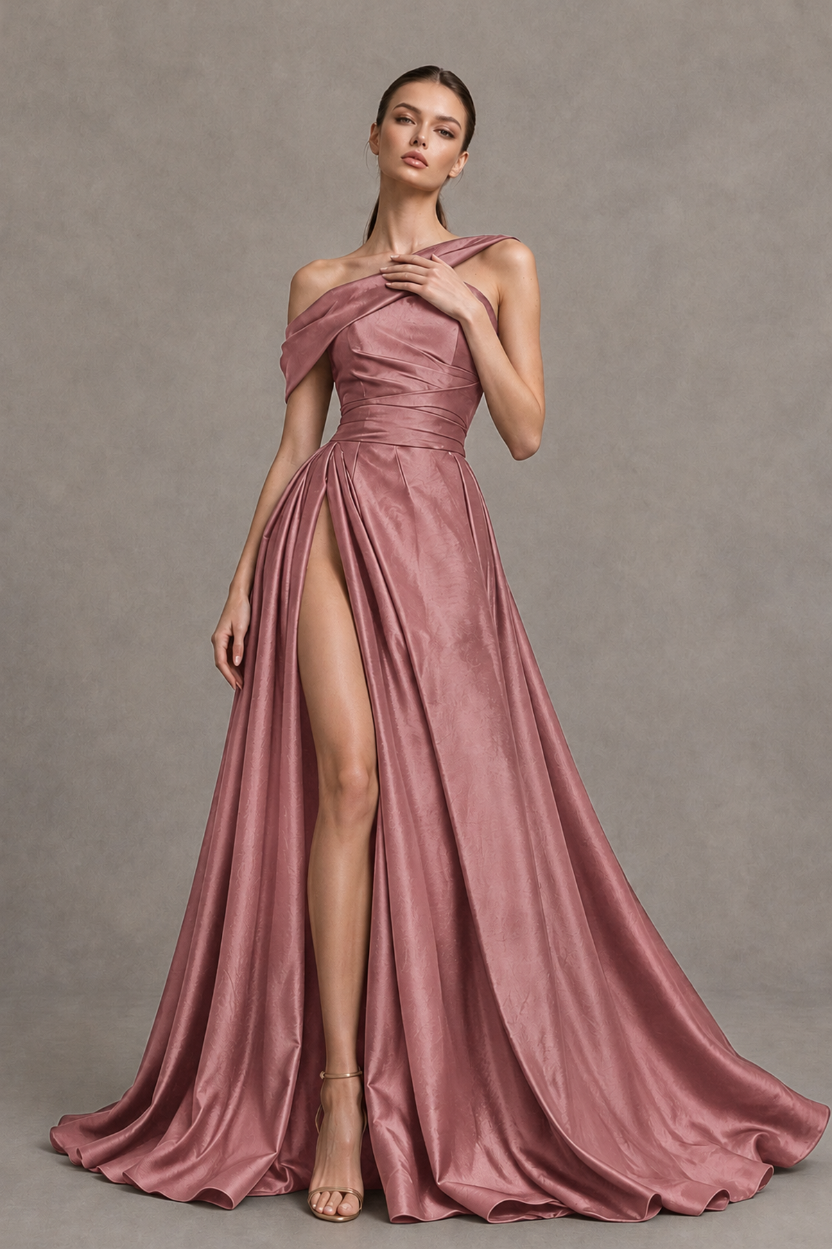 BOLODOO Dusty Rose Asymmetric Satin-Look A-Line Prom Dress with High Slit - Dusty Rose - Dusty Rose_3