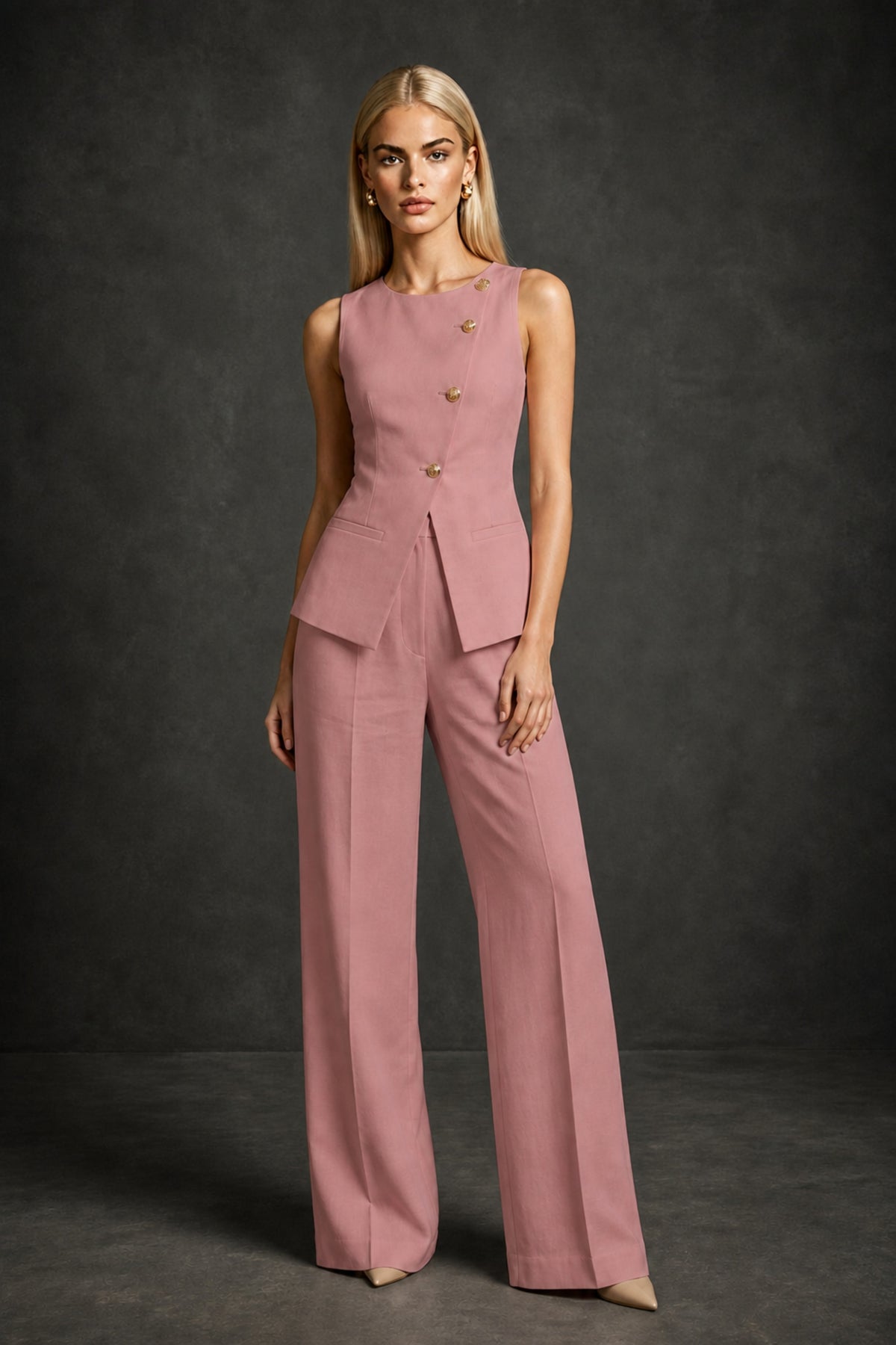 BOLODOO Dusty Rose Sleeveless Vest Top & Wide-Leg Trousers Two-Piece Suit Set – Dusty Rose Button Asymmetric Formal Set - Dusty Rose