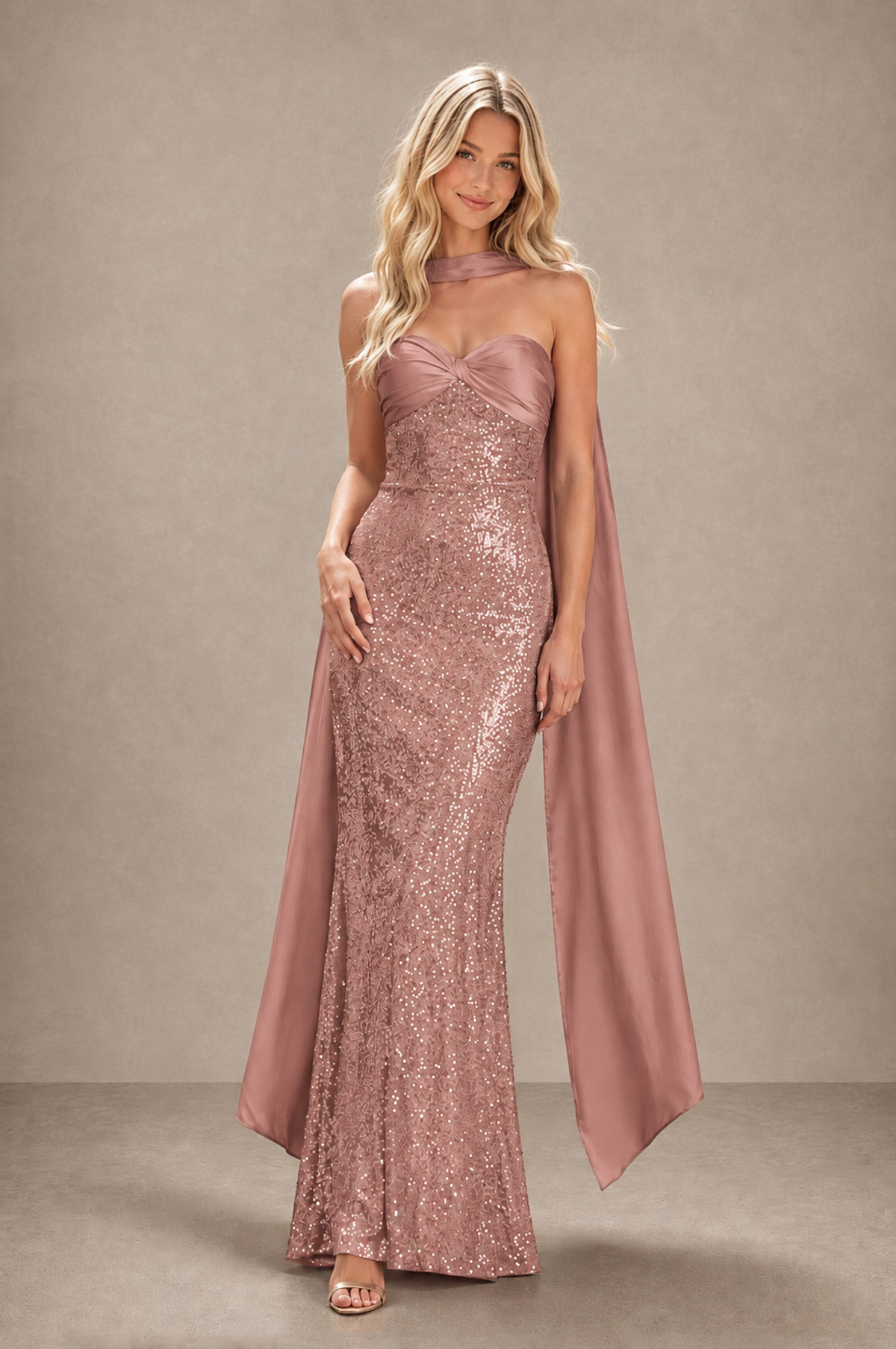 BOLODOO Dusty Rose Strapless Sweetheart Evening Dress with Scarf - Dusty Rose - Dusty_Rose_3