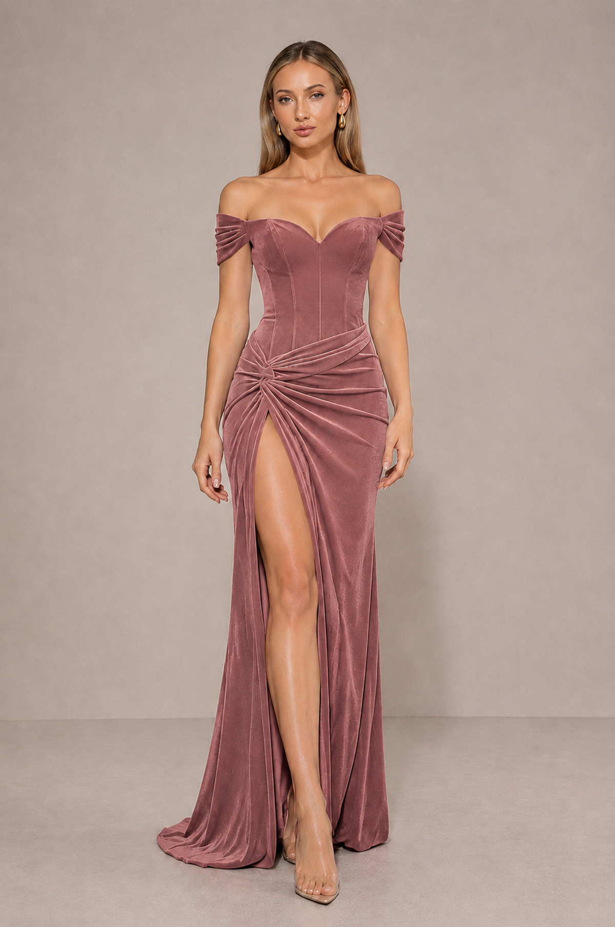 BOLODOO Dusty Rose Velvet Off-Shoulder Ruched High Slit Evening Dress - Dusty Rose - Dusty_Rose_3