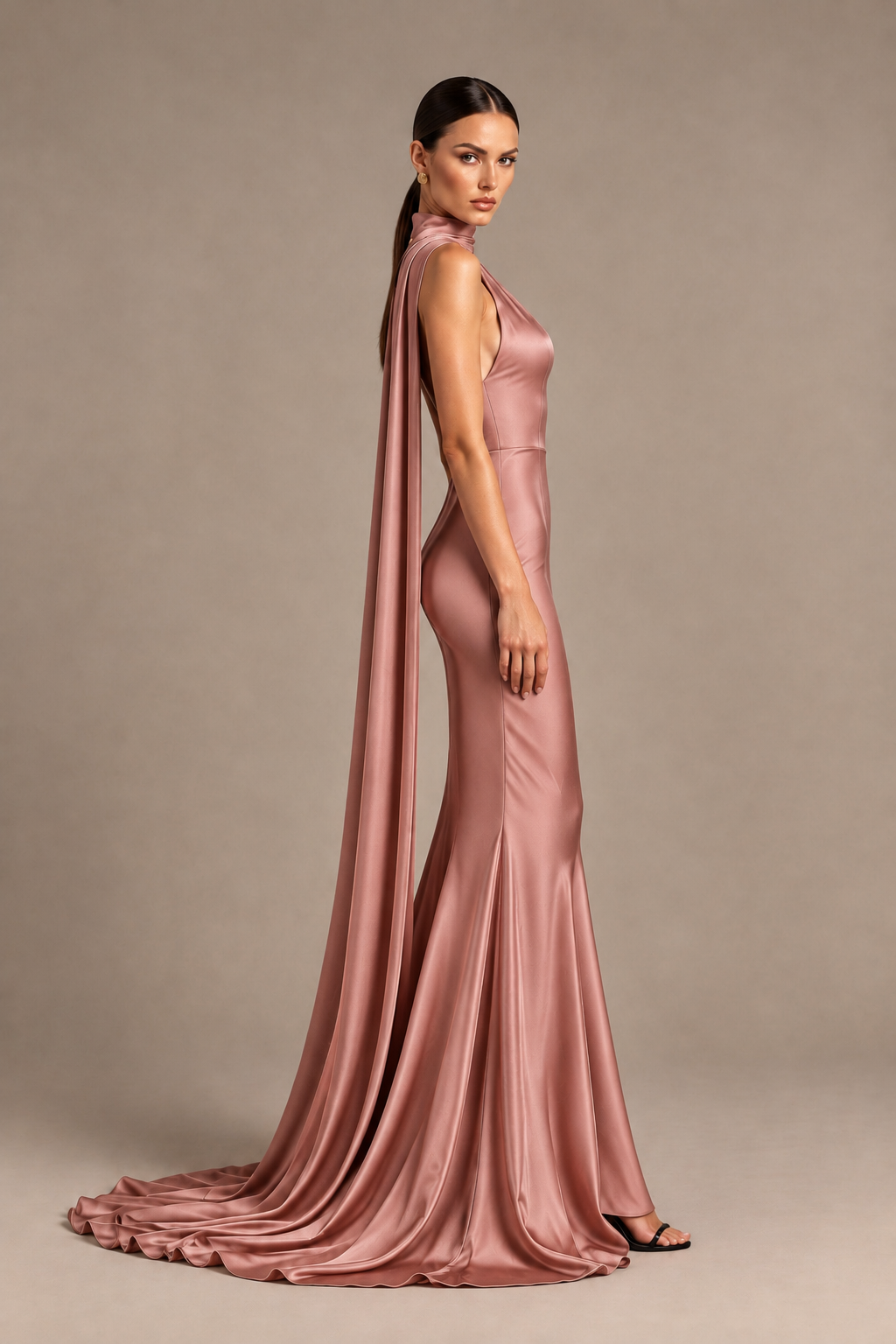BOLODOO Dusty Rose One-Shoulder Satin Mermaid Evening Dress with Scarf - Dusty Rose - Dusty Rose_3