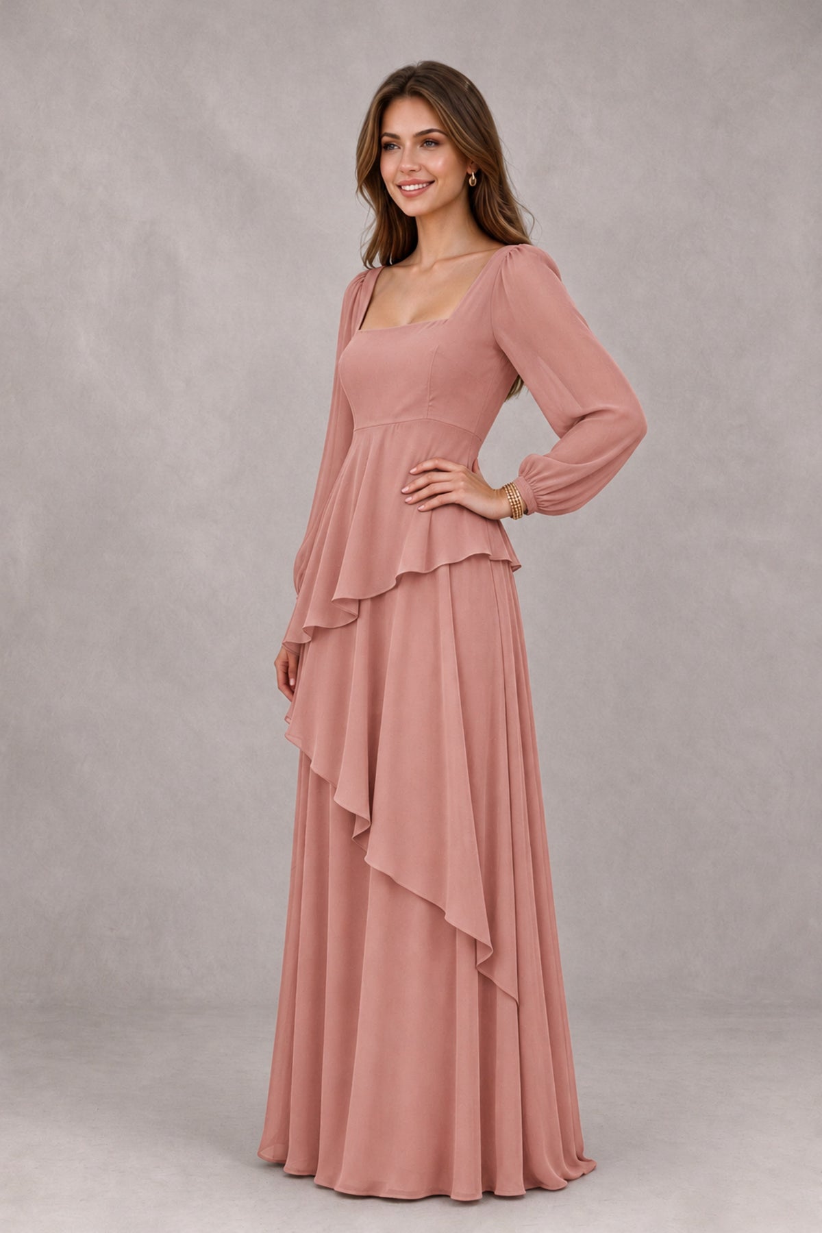 BOLODOO Dusty Rose Long Sleeve Ruffle Bridesmaid Dresses - Dusty Rose - Dusty Rose_3
