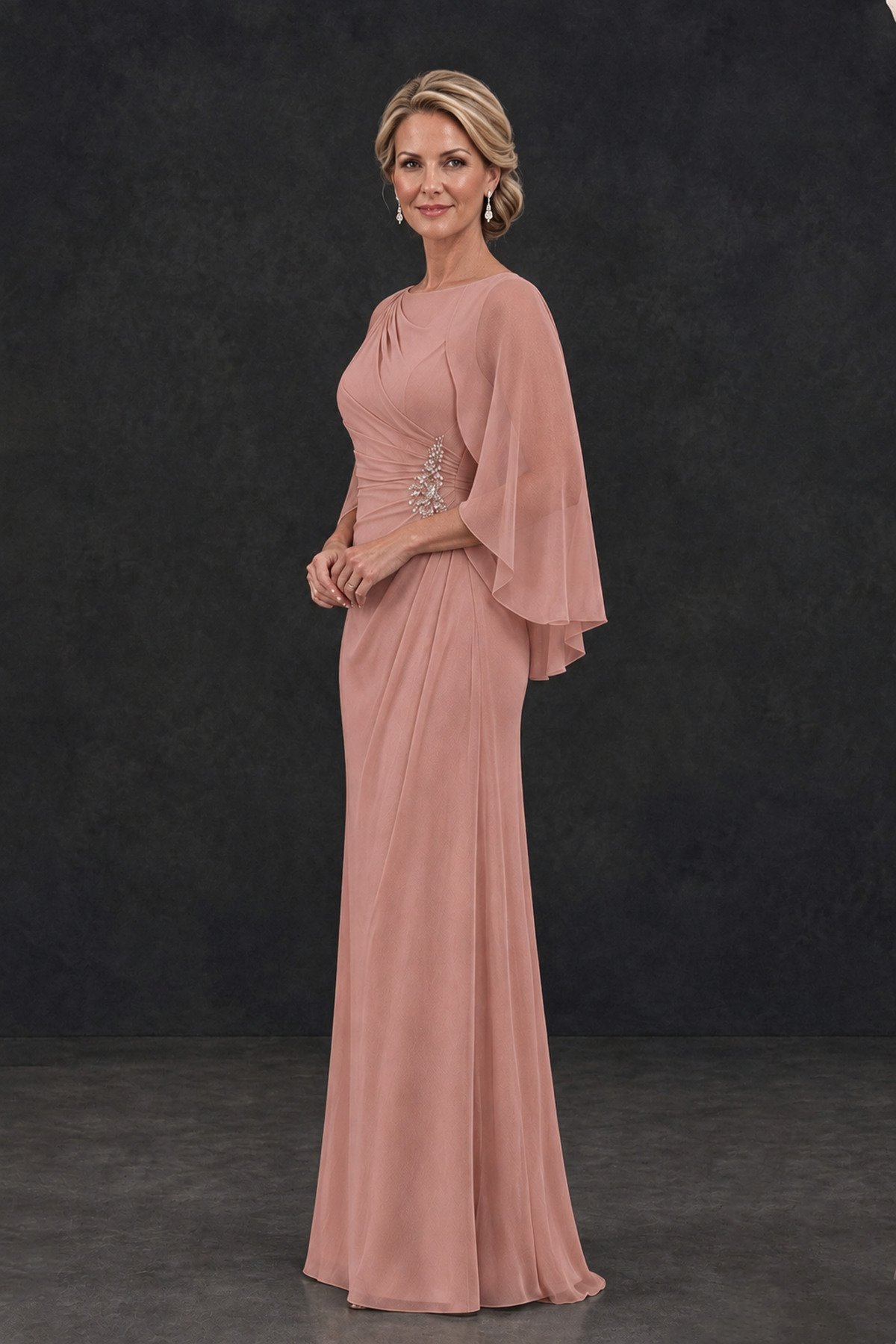 BOLODOO Dusty Rose Cape Sleeve Mother of the Bride Dress with Ruched Waist - Dusty Rose - Dusty Rose_3