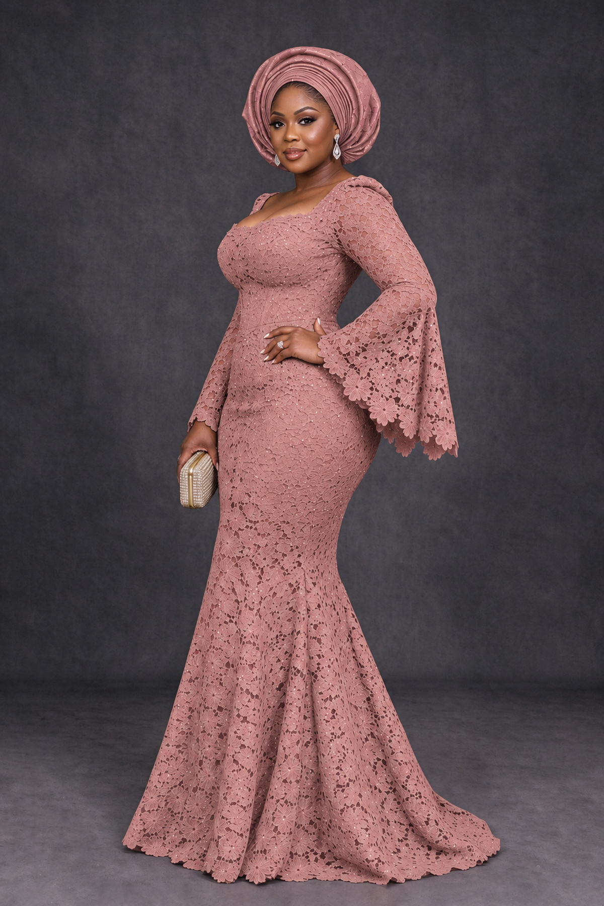 BOLODOO Dusty Rose African Lace Mermaid Dress, Plus Size Nigerian Wedding Guest Gown with Bell Sleeves - Dusty Rose - Dusty Rose_3