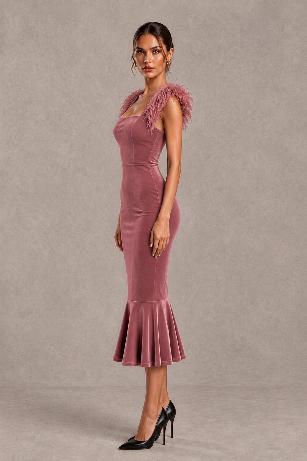BOLODOO Dusty Rose Feather-Trim Velvet-Look Mermaid Midi Dress - Dusty Rose - Dusty Rose_3
