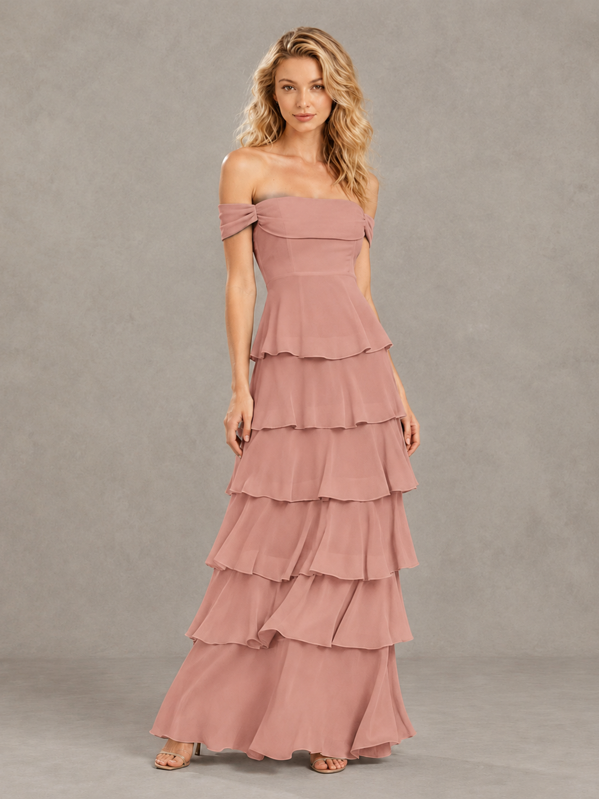 BOLODOO Dusty Rose Off-Shoulder Tiered Ruffle Bridesmaid Dress with Lace-Up Back - Dusty Rose - Dusty Rose_3