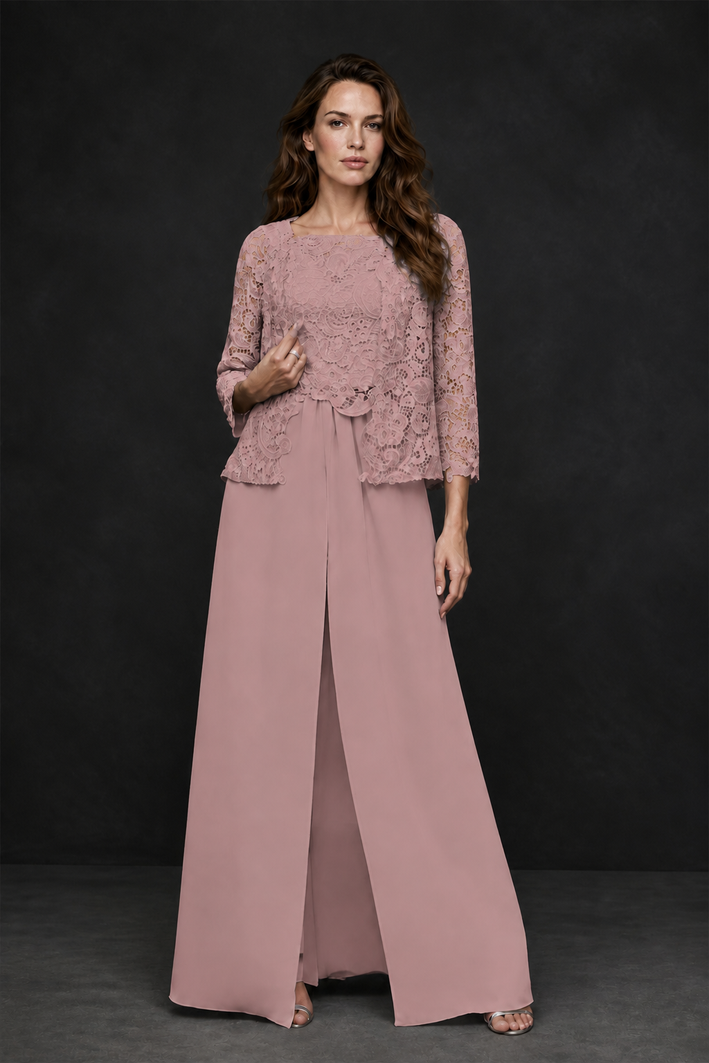 BOLODOO Dusty Rose Grey Lace Peplum Top & Wide-Leg Chiffon Pants Set | Mother of the Bride & Formal Evening Outfit - Dusty Rose