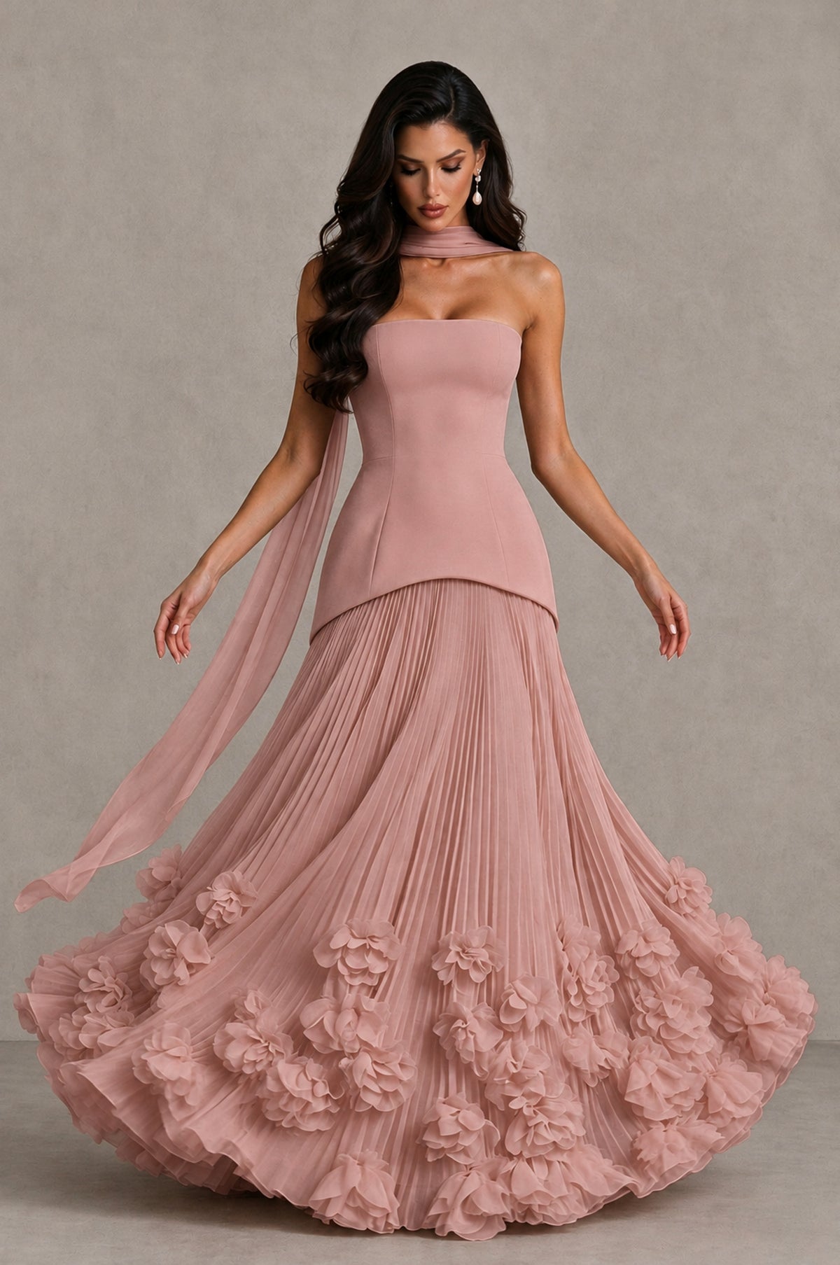 BOLODOO Dusty Rose Strapless Pleated Floral Hem Evening Gown - Dusty Rose - Dusty Rose_3
