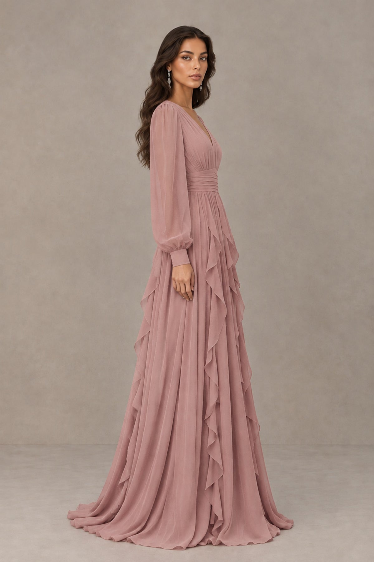 BOLODOO Dusty Rose Long Sleeve V-Neck Ruffle Maxi Dress - Dusty Rose