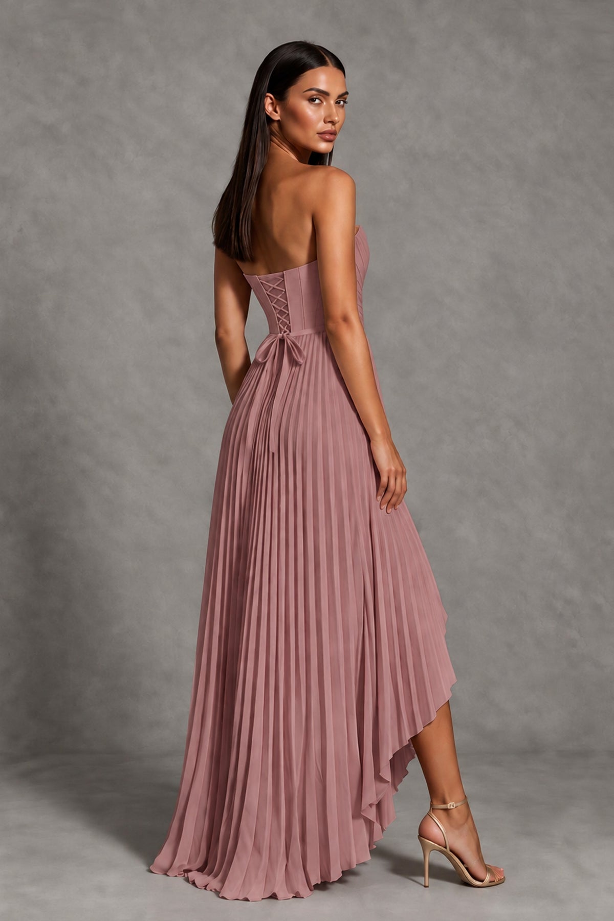 Dusty Rose Strapless Pleated High-Low Evening Gown with Ruffle Hem - Dusty Rose