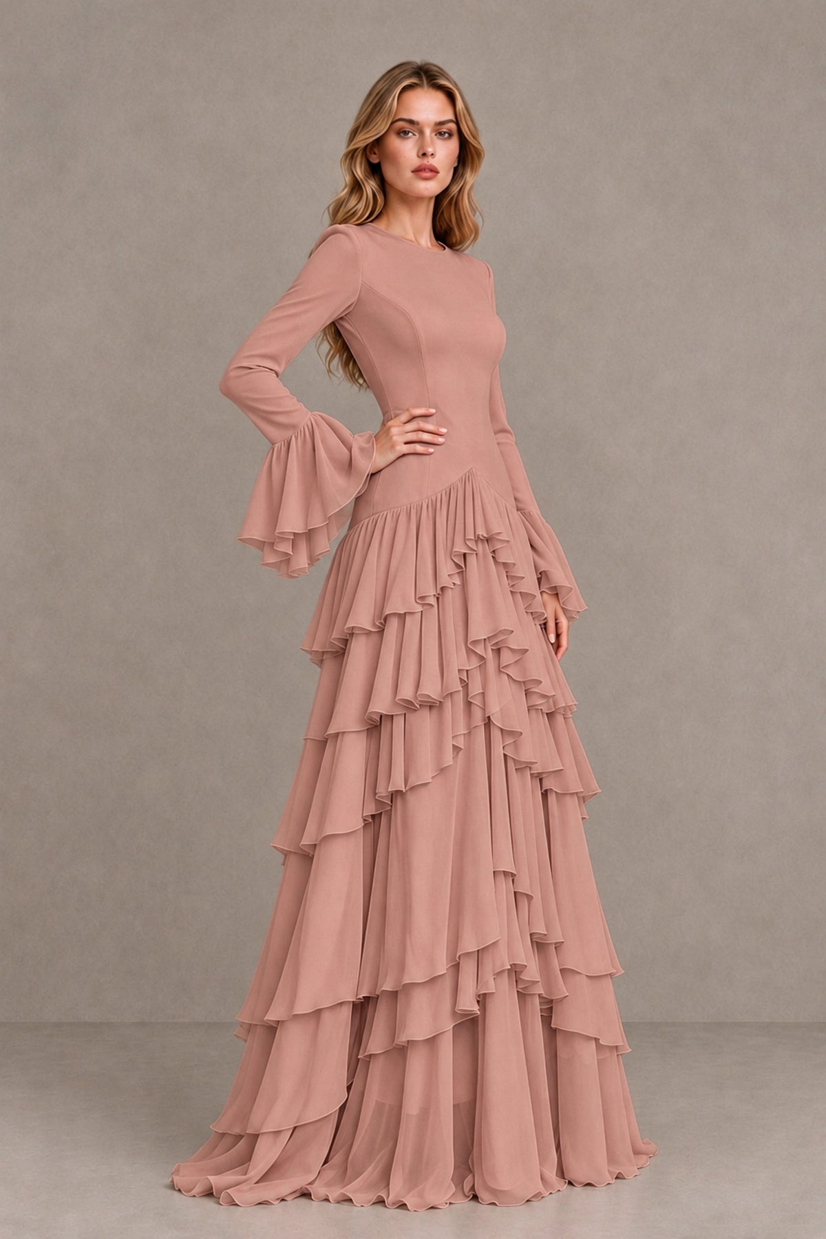 Dusty Rose Long Sleeve Tiered Ruffle Evening Gown - Dusty Rose - Dusty Rose_3