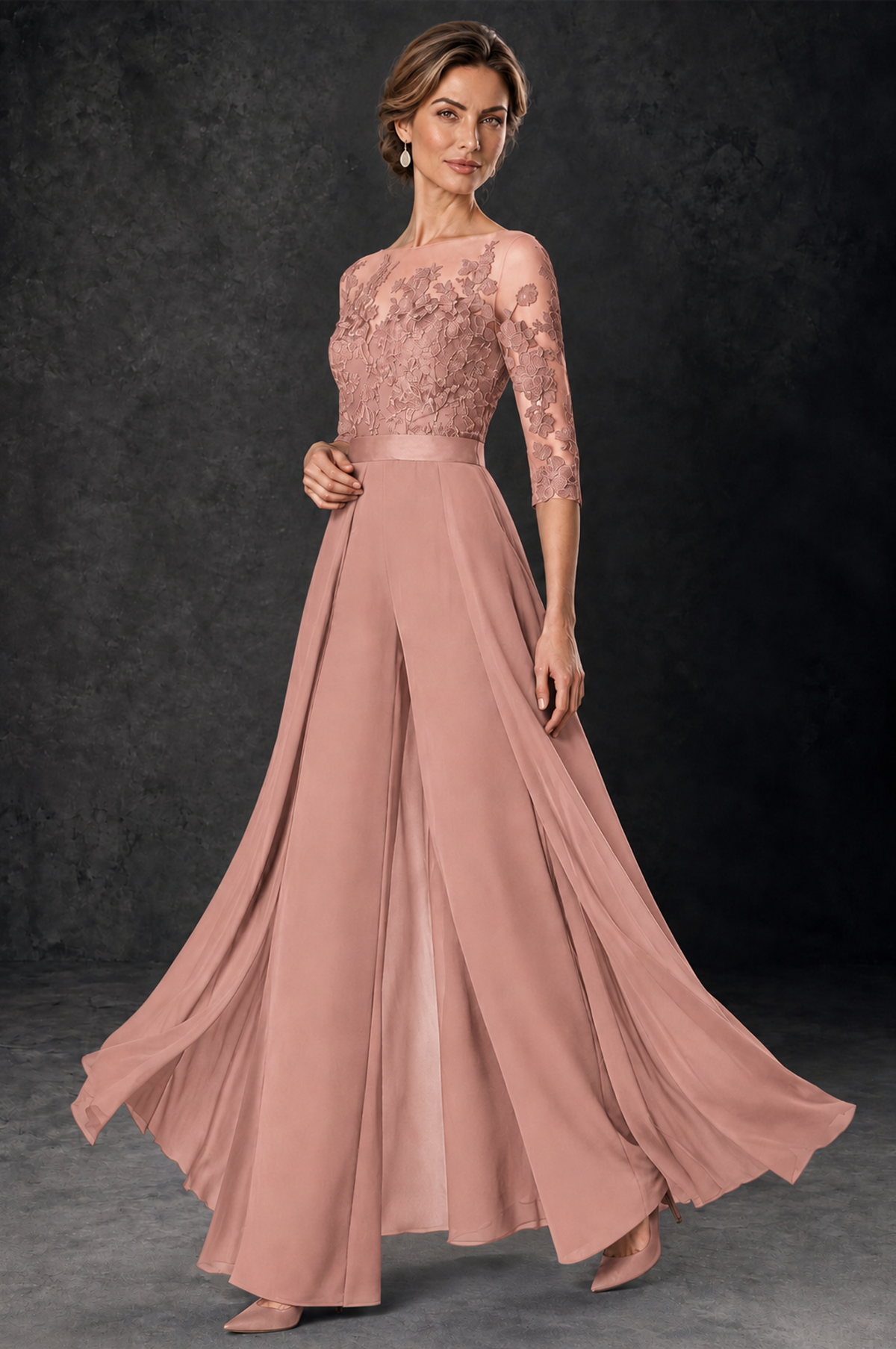 BOLODOO Dusty Rose Lace Wide-Leg Jumpsuit with Three-Quarter Sleeves - Dusty Rose - Dusty_Rose_3