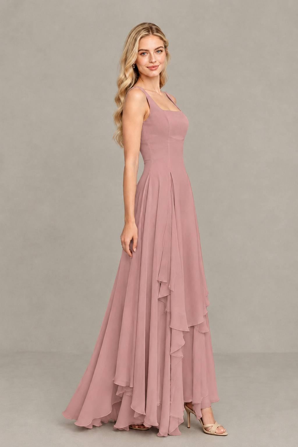 BOLODOO Dusty Rose Square Neck Chiffon Bridesmaid Dress with Lace-Up Back - Dusty Rose