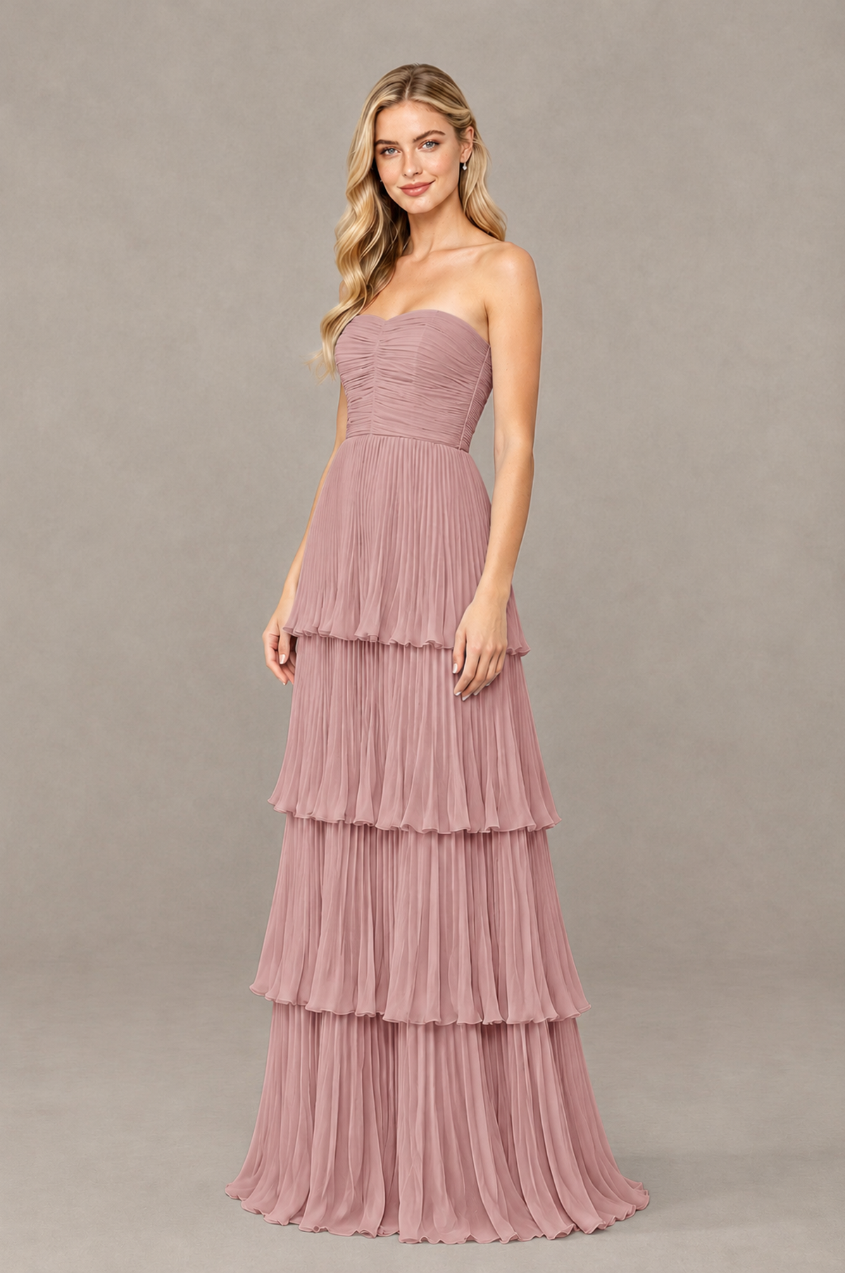 BOLODOO Dusty Rose Strapless Tiered Chiffon Maxi Dress - Dusty Rose