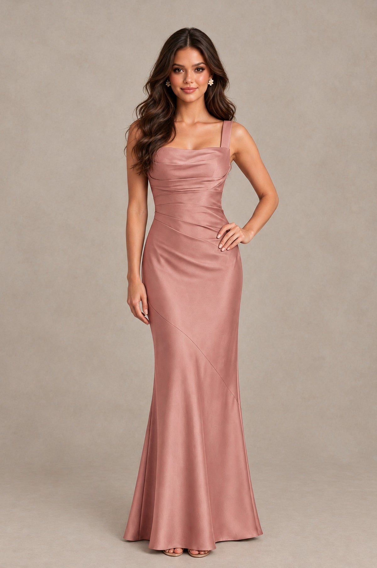 BOLODOO Dusty Rose Square Neck Ruched Satin Lace-Up Bridesmaid Dress - Dusty Rose - Dusty Rose_3
