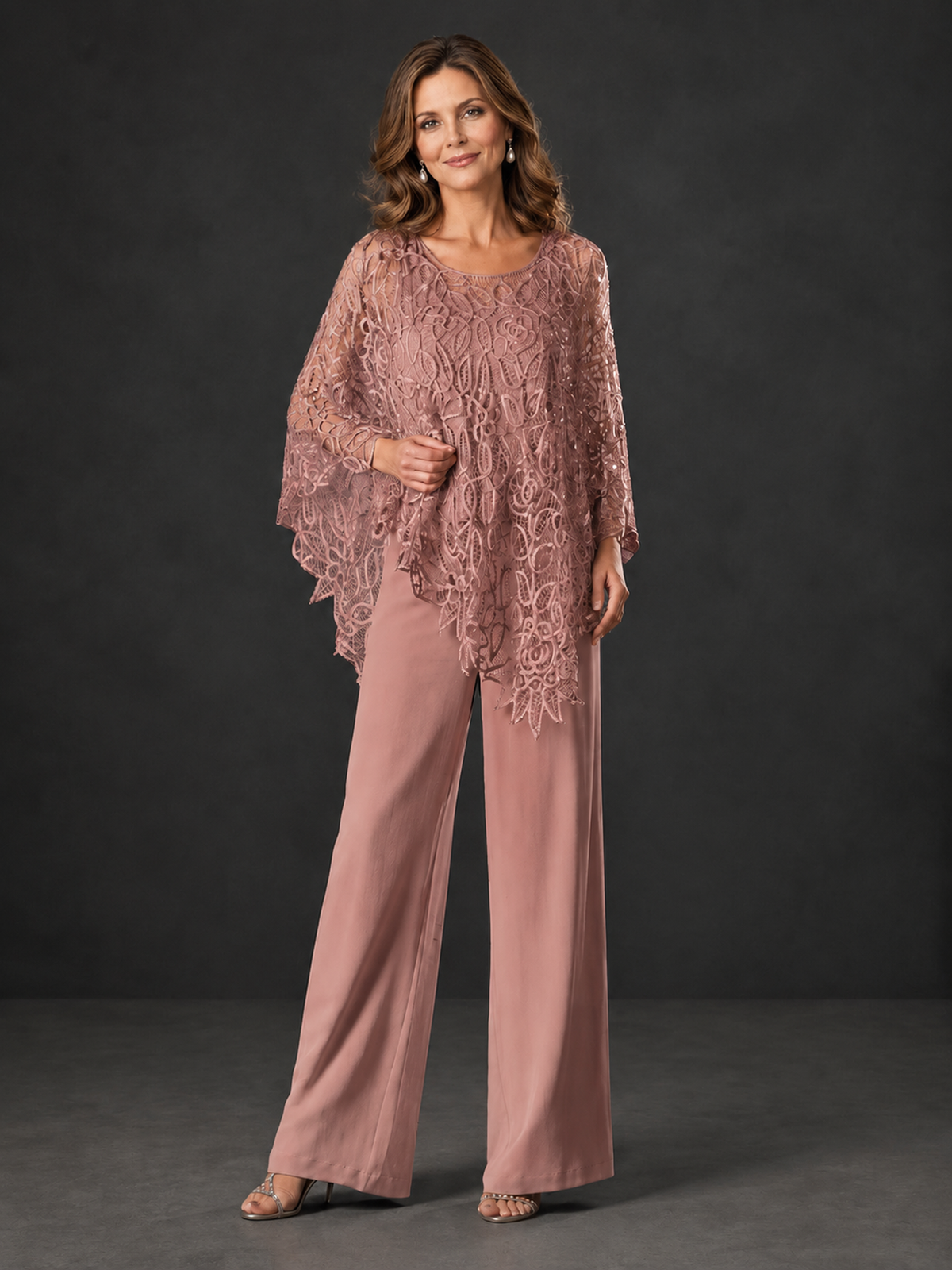BOLODOO Dusty Rose Lace Overlay Wide-Leg Pantsuit for Mothers of the Bride - Dusty Rose