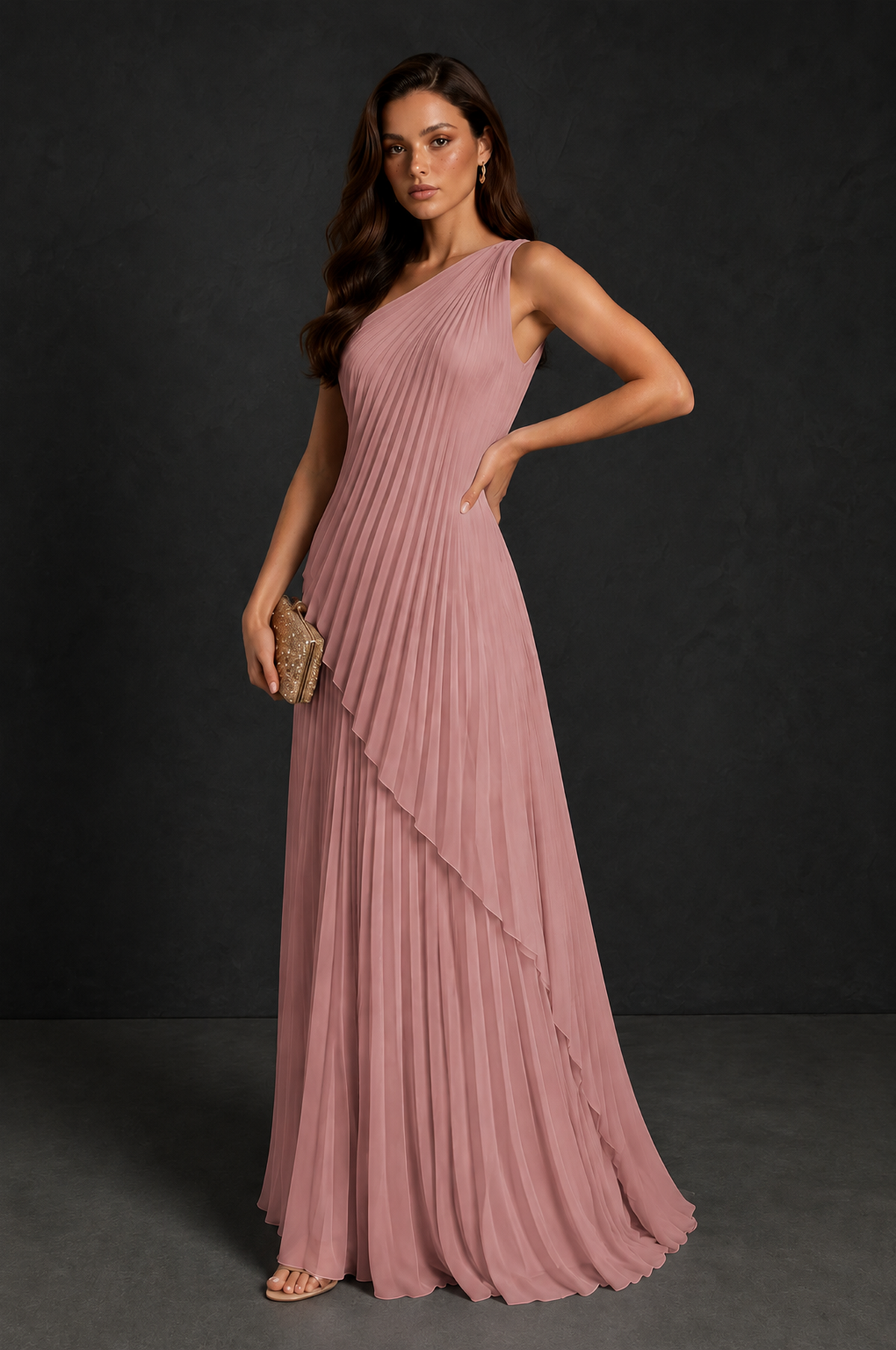 BOLODOO Dusty Rose One-Shoulder Sunburst Pleated Asymmetric Layered Overlay Accordion Pleated Chiffon Maxi Dress - Dusty Rose