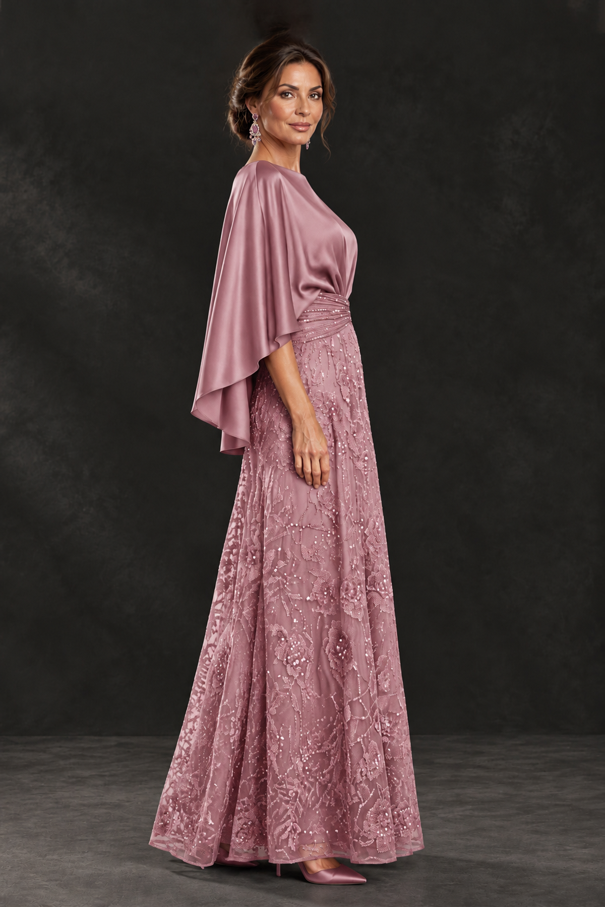 BOLODOO Dusty Rose Cape Sleeve Floral Mother of the Bride Dress - Dusty Rose - Dusty Rose_3