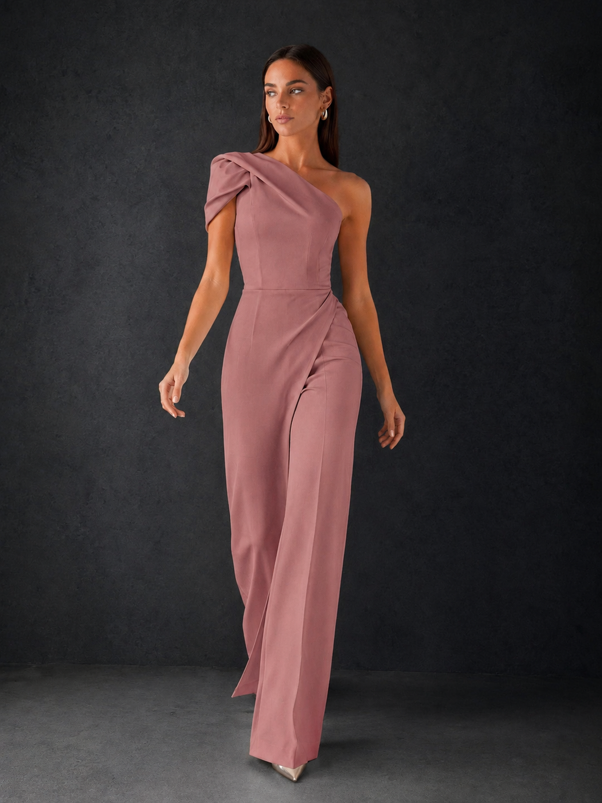 BOLODOO Dusty Rose One-Shoulder Puff Sleeve Wide-Leg Jumpsuit with Front Slit and Open Back - Dusty Rose